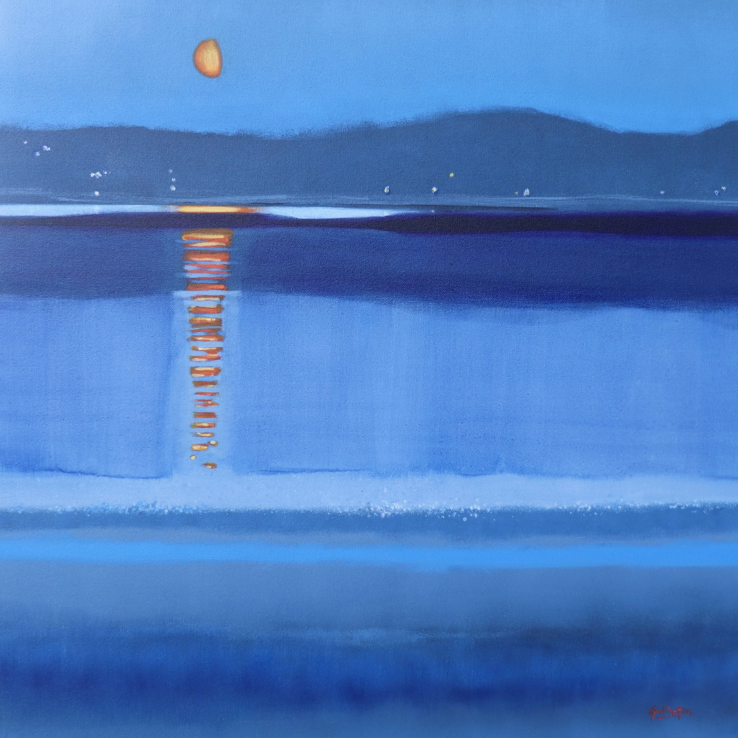 Lights Of The North - Moonrise Over Stromness 70x70cm. Enquire
