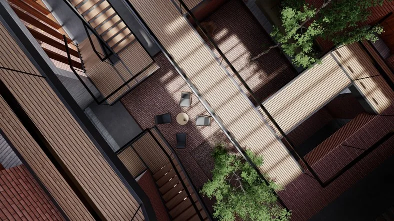 Top view of a modern courtyard with wooden walkways, brick walls, and trees. Includes a round table surrounded by four chairs.