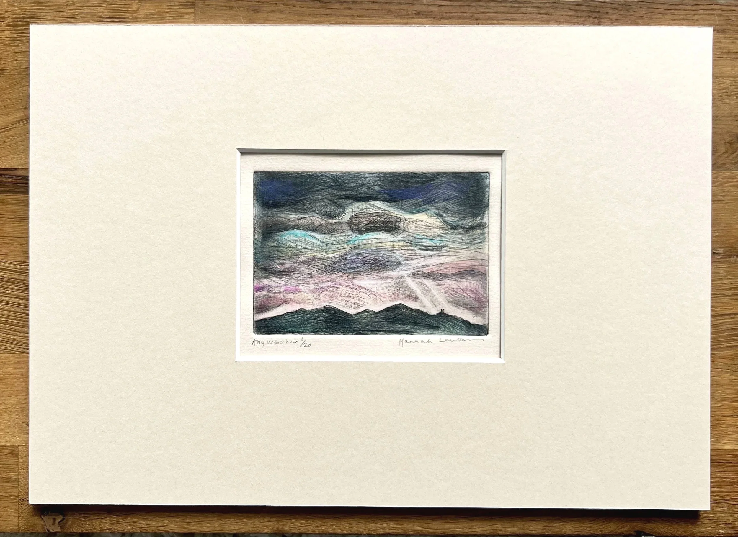 Any Weather hand coloured drypoint print