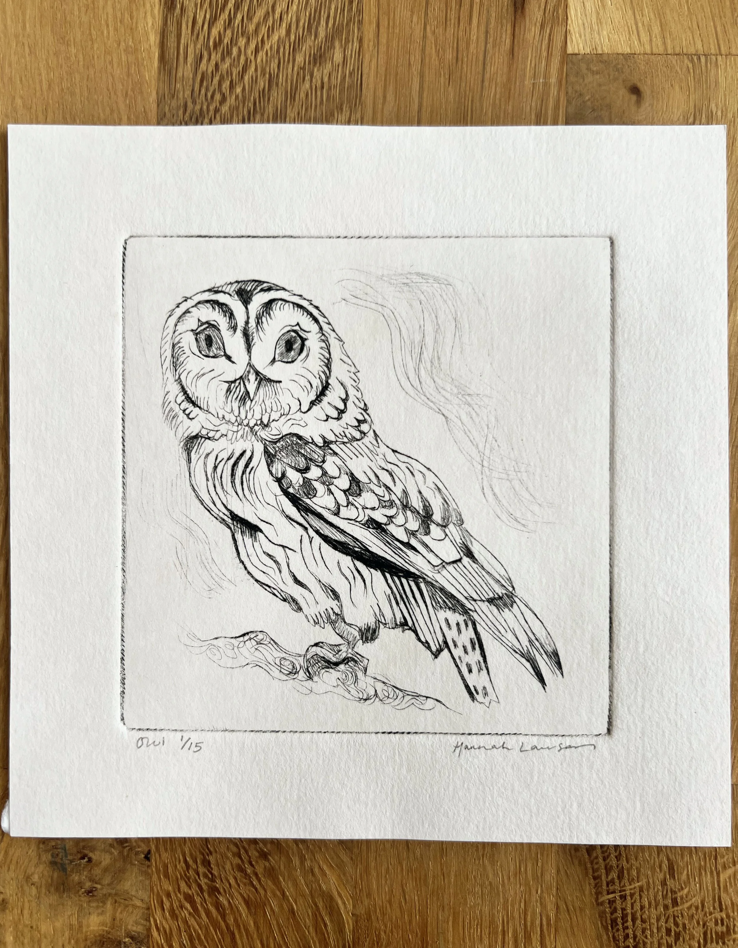 Owl drypoint print