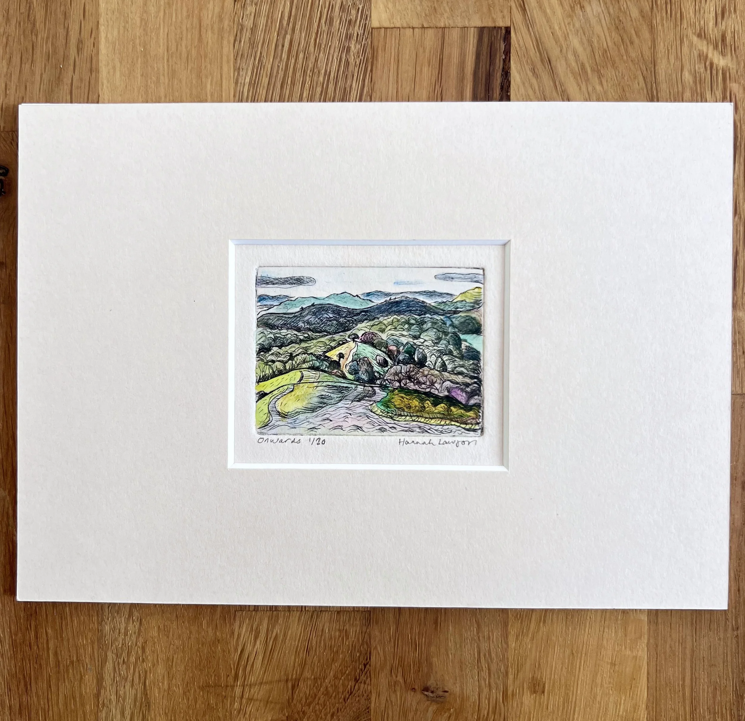 Onwards hand coloured drypoint print