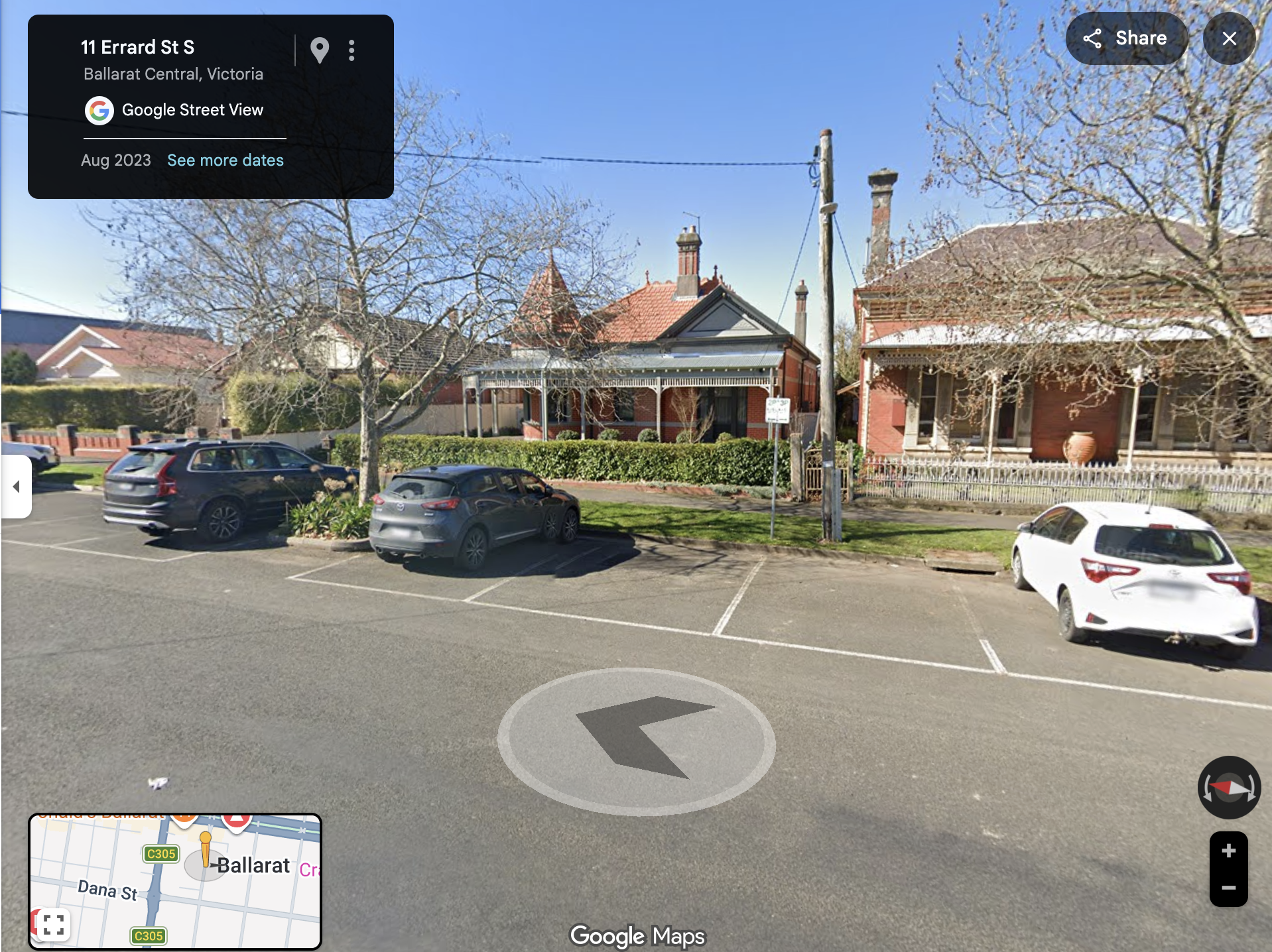 Google Maps Screen shot of 2hr and 3hr parking options on Errard Street South, Ballarat Central