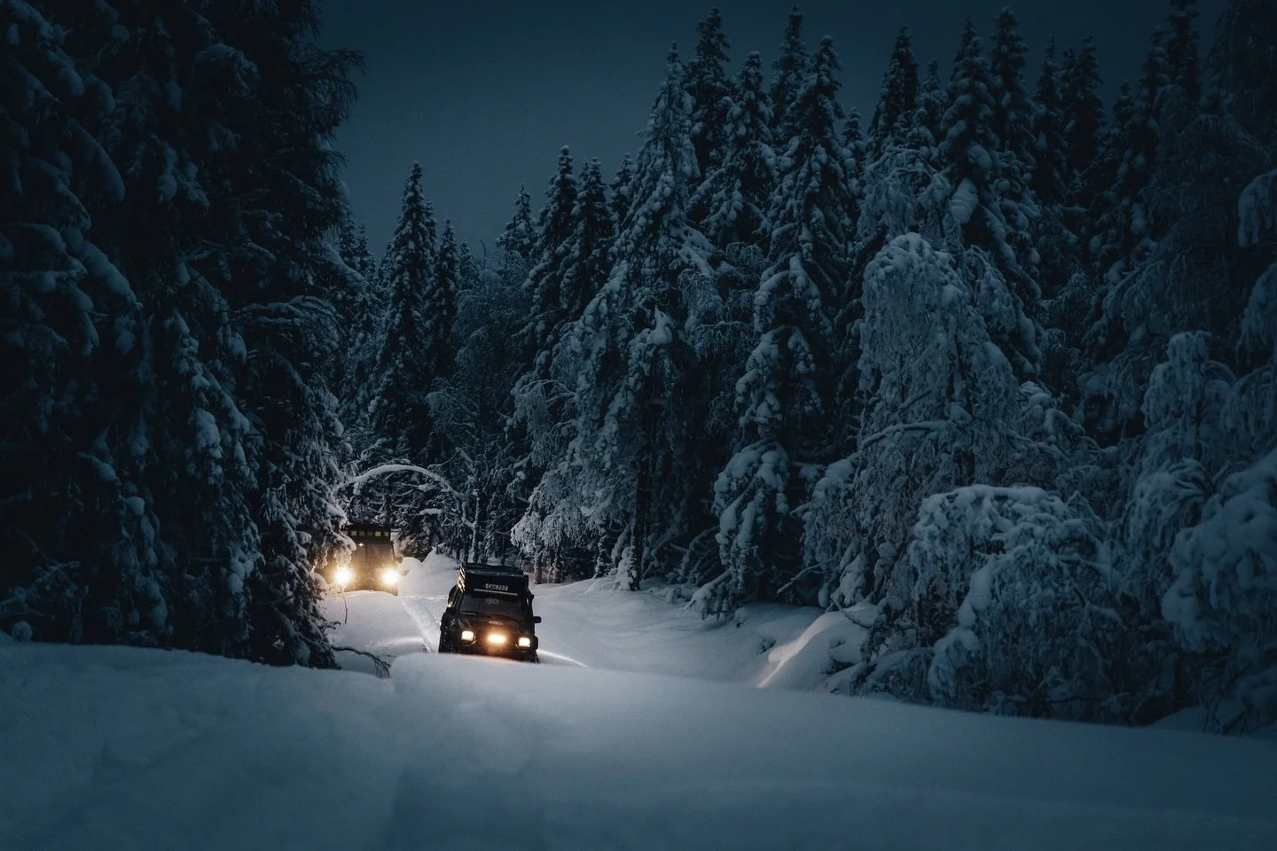 It&rsquo;s a special feeling driving through the night &mdash; you never really know what&rsquo;s coming your way #nightdrive #overlandtravel #snowwheeling #4x4offroad #swedentravel