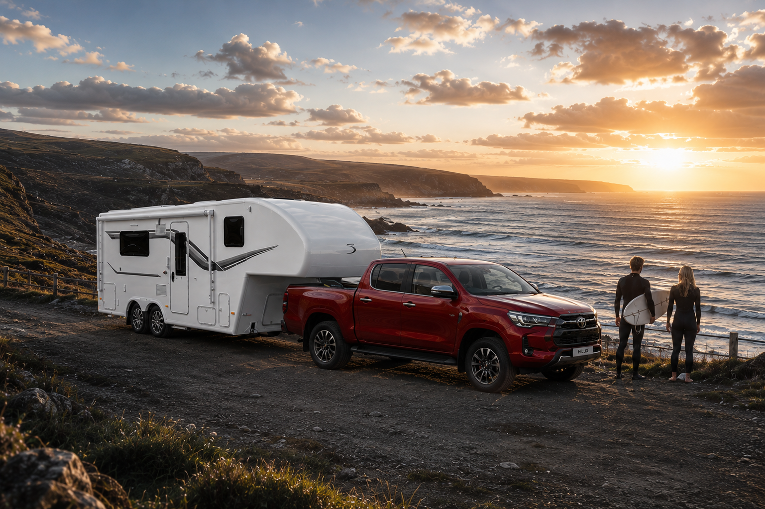 Truck towing a dream seeker fifth wheel by a lake with grassy hills in the background.