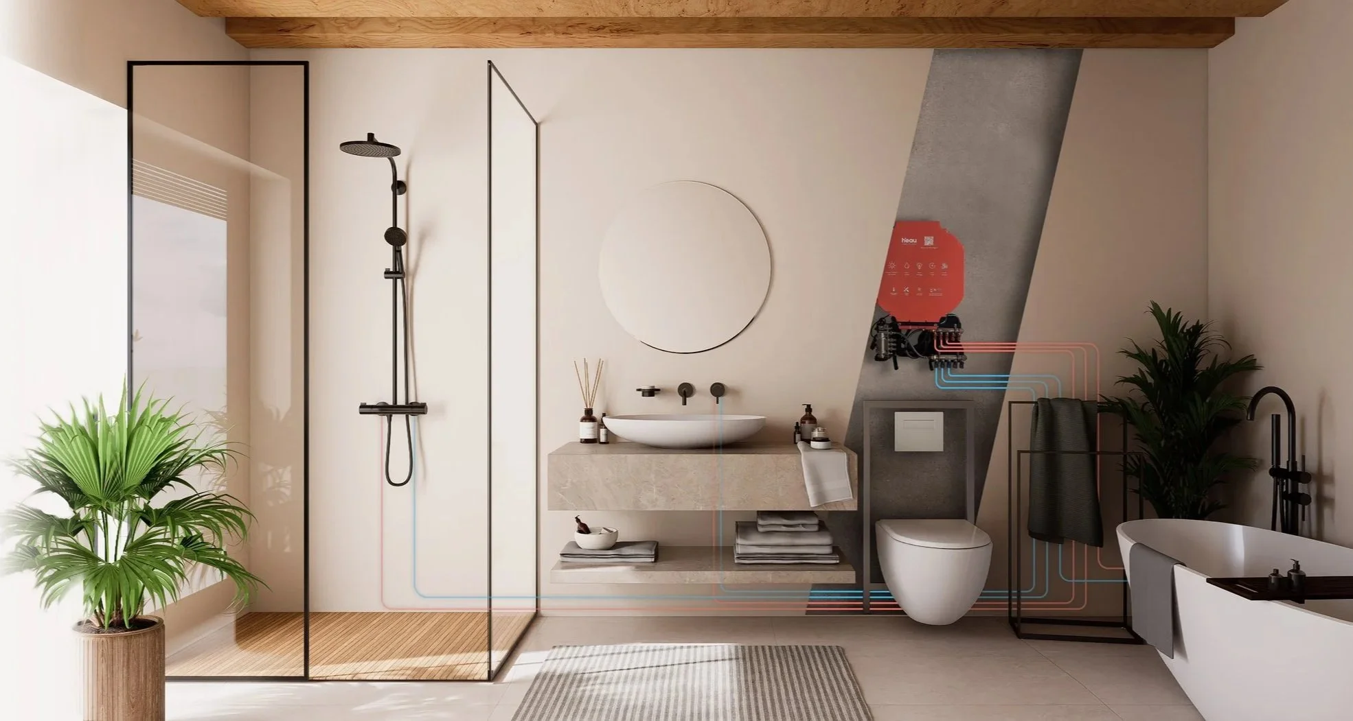 A bathroom with the heau technology (infinity) visible behind the wall