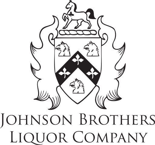 The image shows the logo of Johnson Brothers Liquor Company, featuring a shield with various heraldic symbols, a lion at the top, and the company name below.