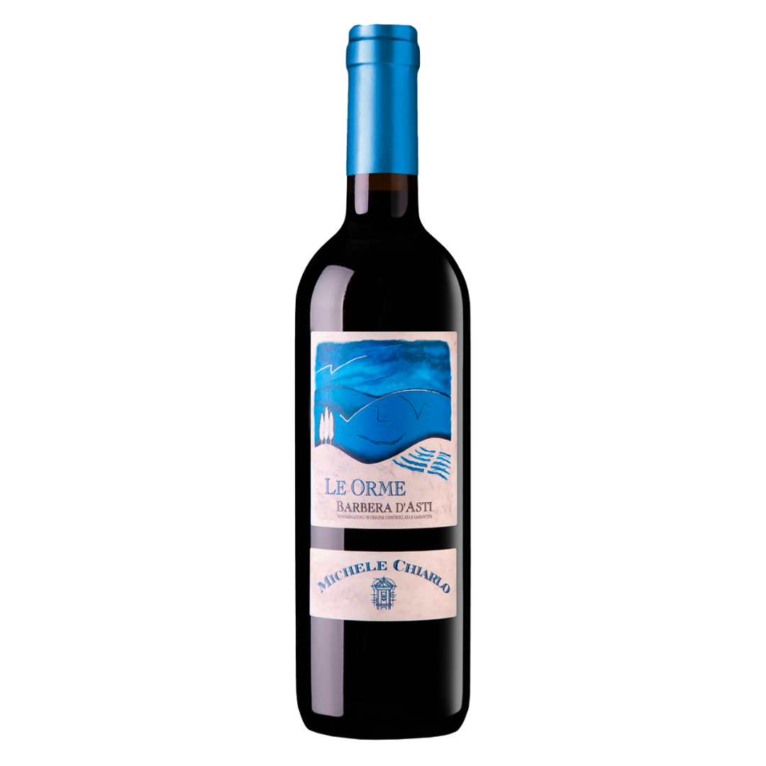 A bottle of red wine with a blue and white label and a blue foil capsule on the neck.