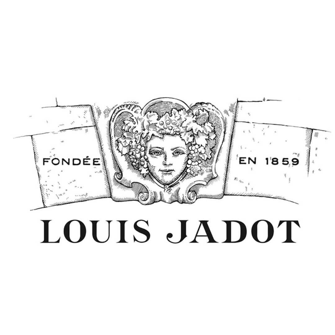 Black and white illustration of a wine label with a woman's face surrounded by grapevine leaves in a crest, with text stating 'FONDÉE EN 1859' and 'LOUIS JADOT'.