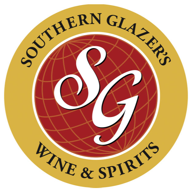 Logo for Southern Glaziers Wine & Spirits, featuring a gold circular border with black text, and a red globe design in the center with white initials 'SG'.