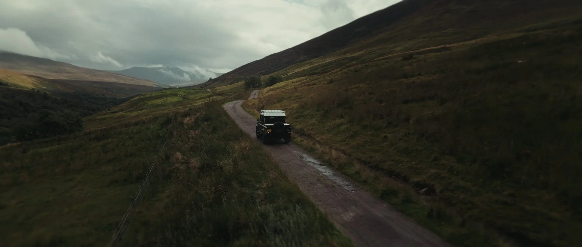 Aerial shot of Jan Jacob's Land Rover winding through the vast Glen Roy