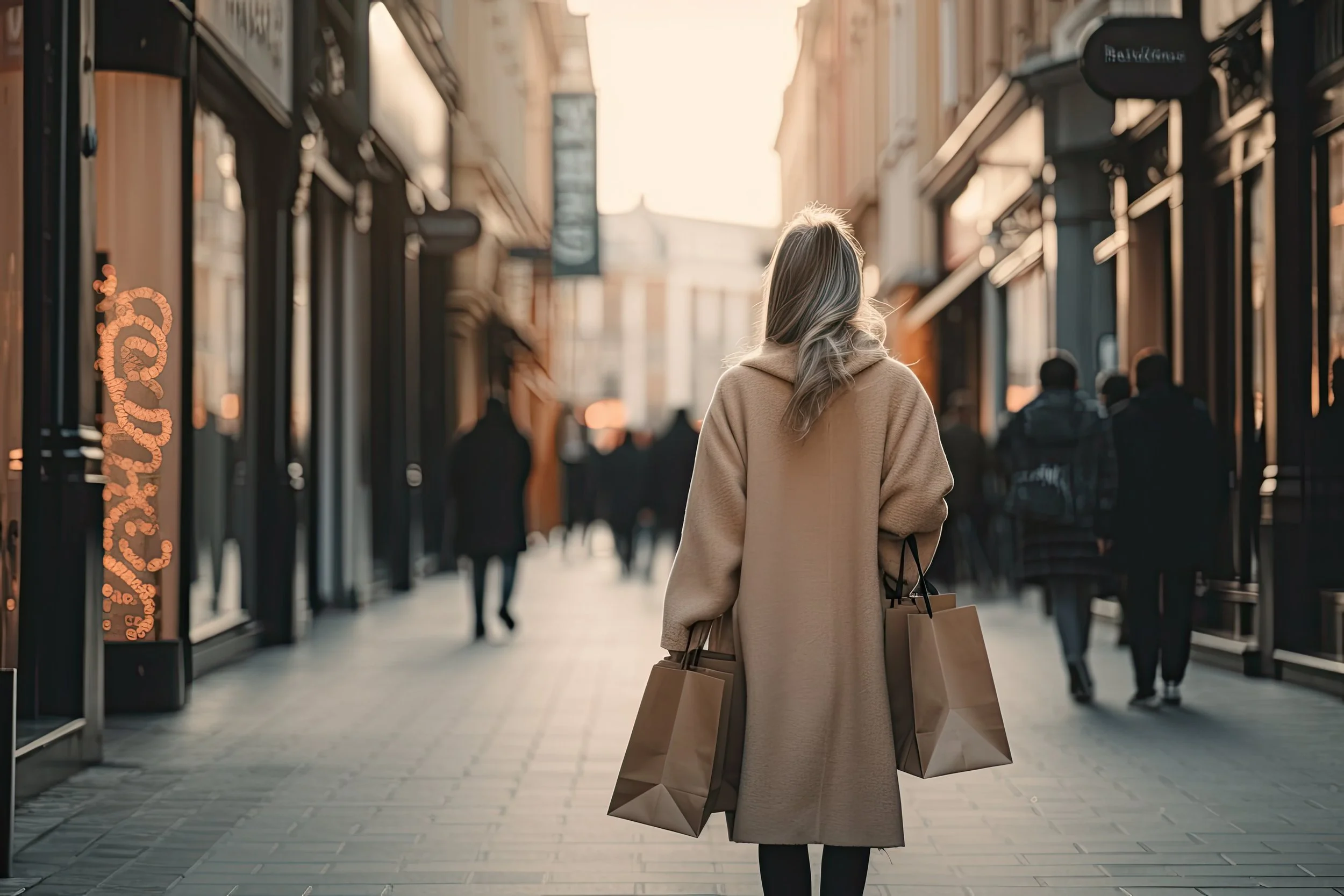 Une femme avec un manteau beige tient des sacs de shopping dans une rue commerçante en fin d'après-midi, avec plusieurs autres personnes en arrière-plan.