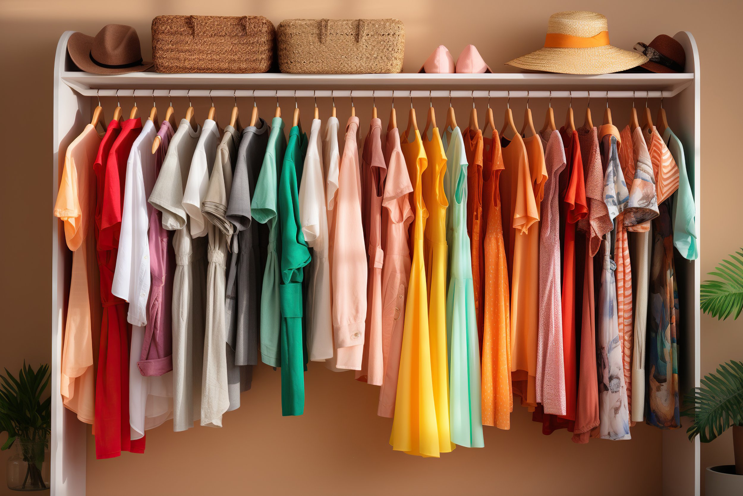 Armoire blanche contenant des vêtements colorés, notamment des robes, chemises et t-shirts, avec des chapeaux sur le dessus, dans une pièce aux murs beige et plantes vertes