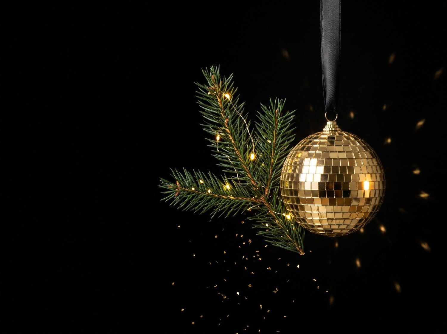 Goldene Discokugel als Christbaumkugel mit Tannenzweig auf schwarzem Grund