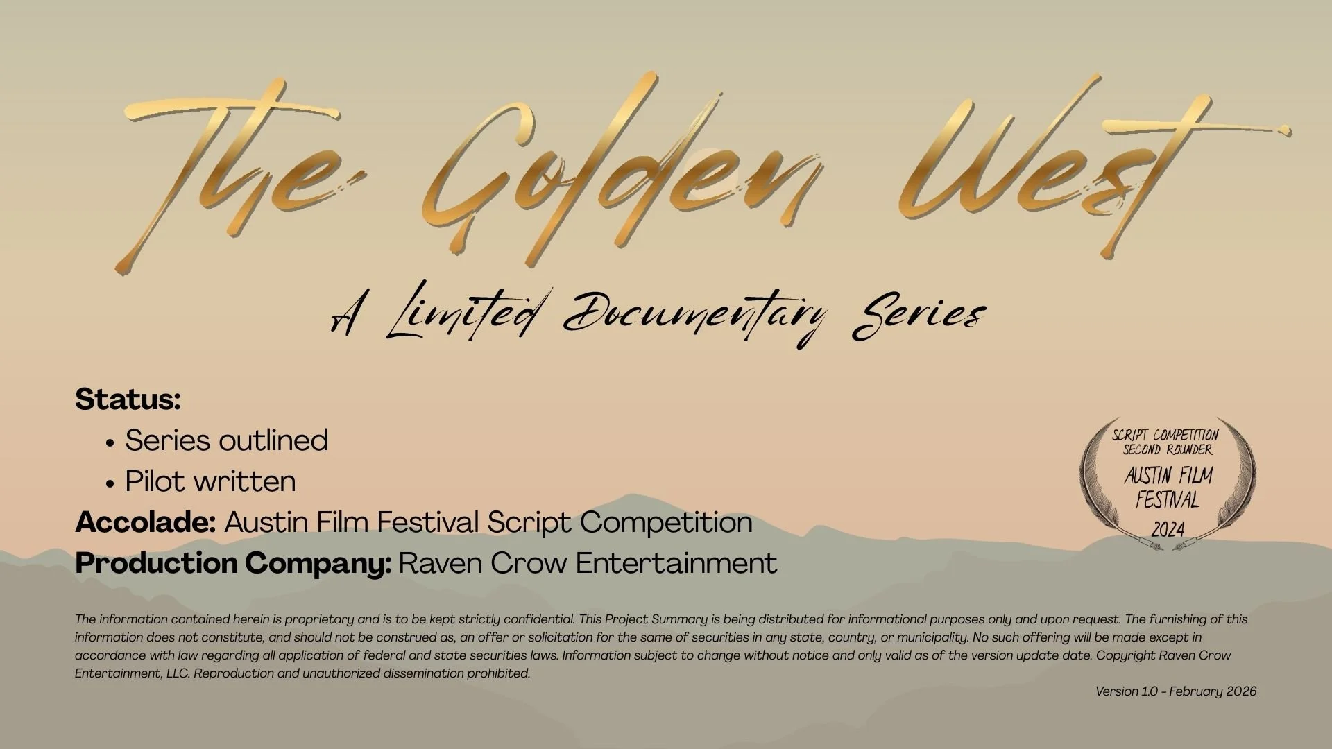 Cover page of a limited documentary series titled 'The Golden West' with info about the status, accolade, and production company. The background depicts desert mountains during sunset.