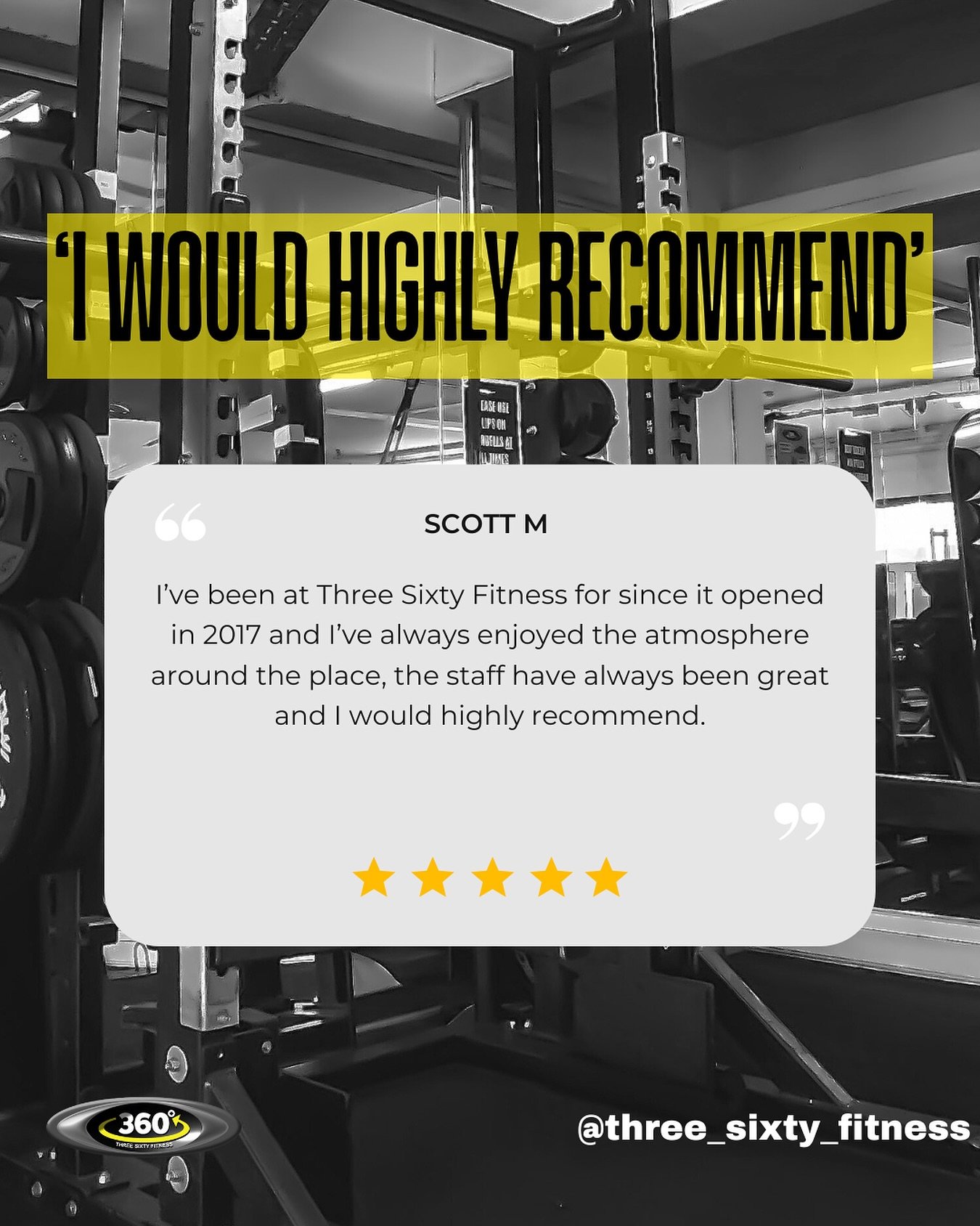 💬 Member Testimonial &ndash; Scott M 💬

&ldquo;I&rsquo;ve been at Three Sixty Fitness since it opened in 2017 and I&rsquo;ve always enjoyed the atmosphere around the place. The staff have always been great and I would highly recommend.&rdquo;

A hu