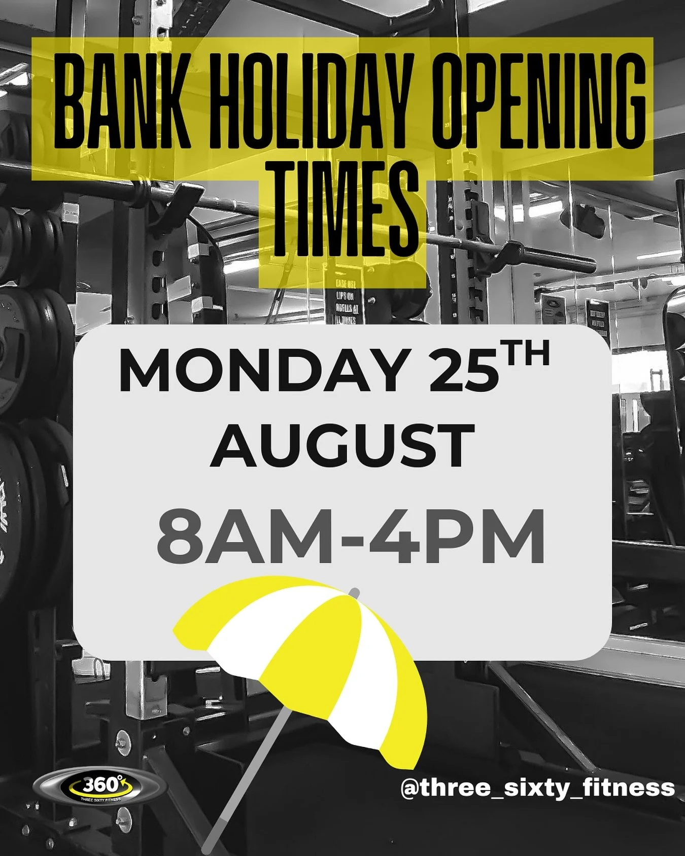 Bank Holiday Opening Times 🌞 
On Monday the 25th of August we will be open from 8am-4pm, so you can still get a good workout in and enjoy the sun 😎 
#threesixtyfitness #bankholiday #shorehambysea