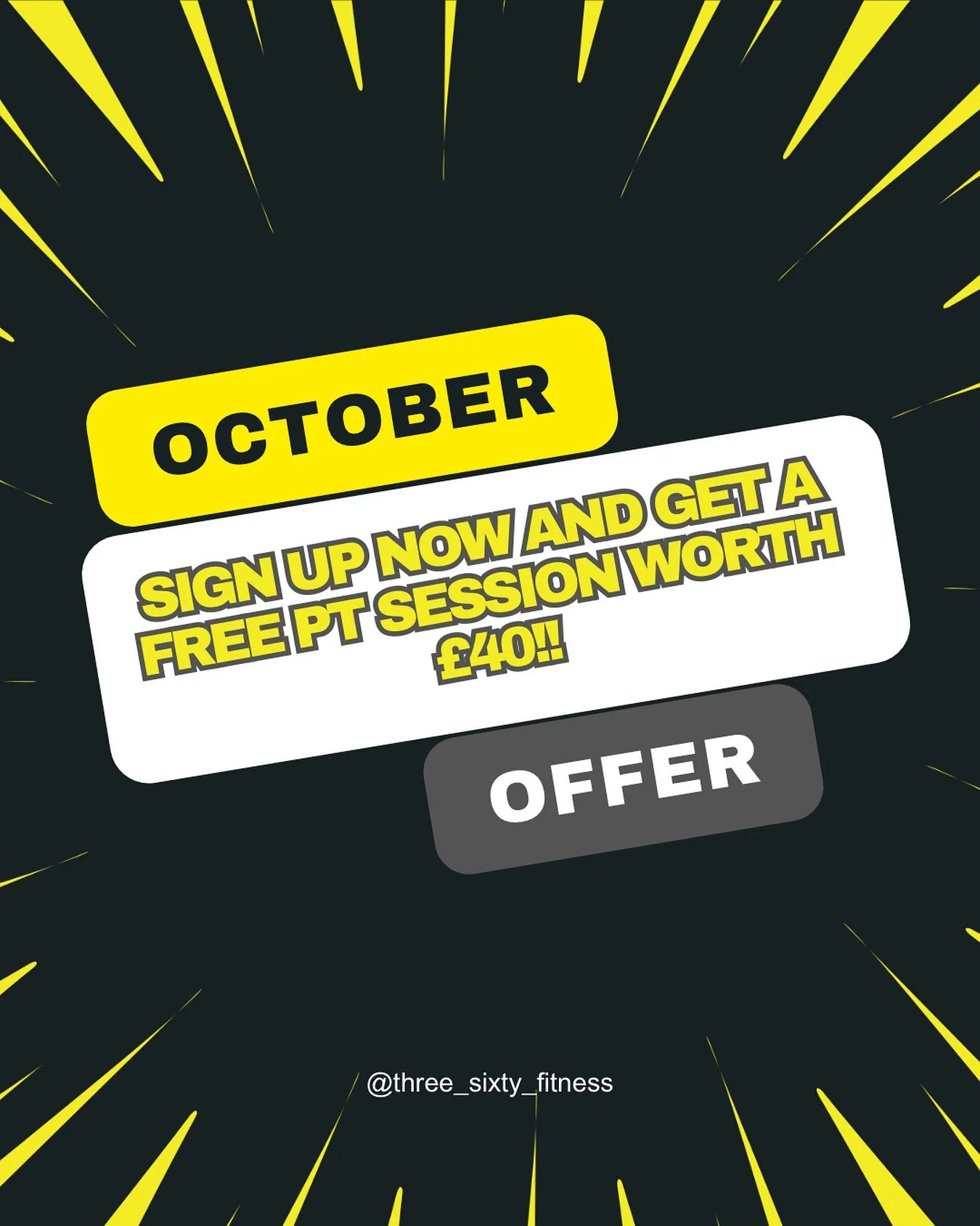 🎃 OCTOBER OFFER ALERT! 🎃 
Sign up this October and get a FREE Personal Training session with your membership! 
Kickstart your fitness journey with expert guidance, tailored programming, and the motivation you need to hit those goals. 
📍 Availab