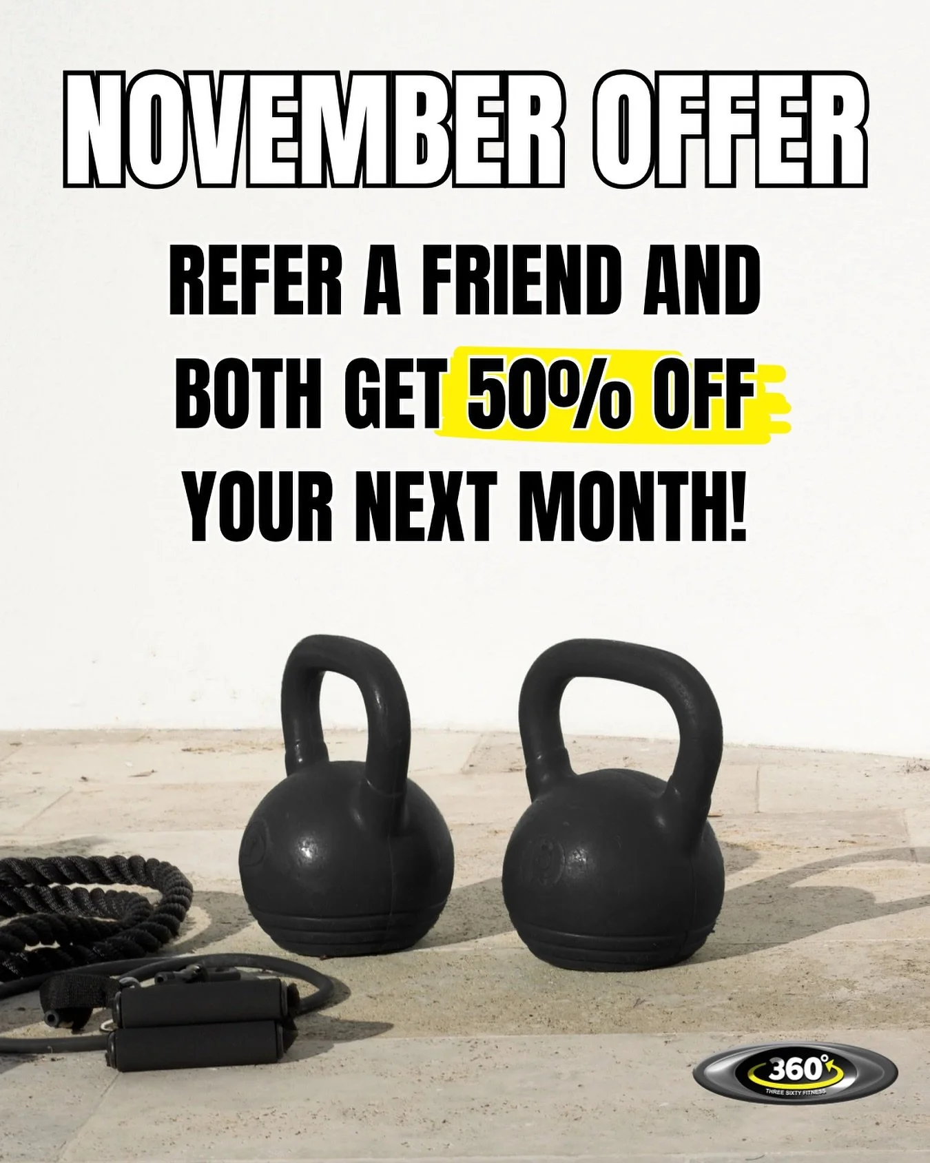 November Referral Offer 🎉

Refer a friend to Three Sixty Fitness this month and you both receive 50% off your next month&rsquo;s membership.

A great time to join, save before Christmas and get ready for our exciting refurbishment coming soon 👀💪

