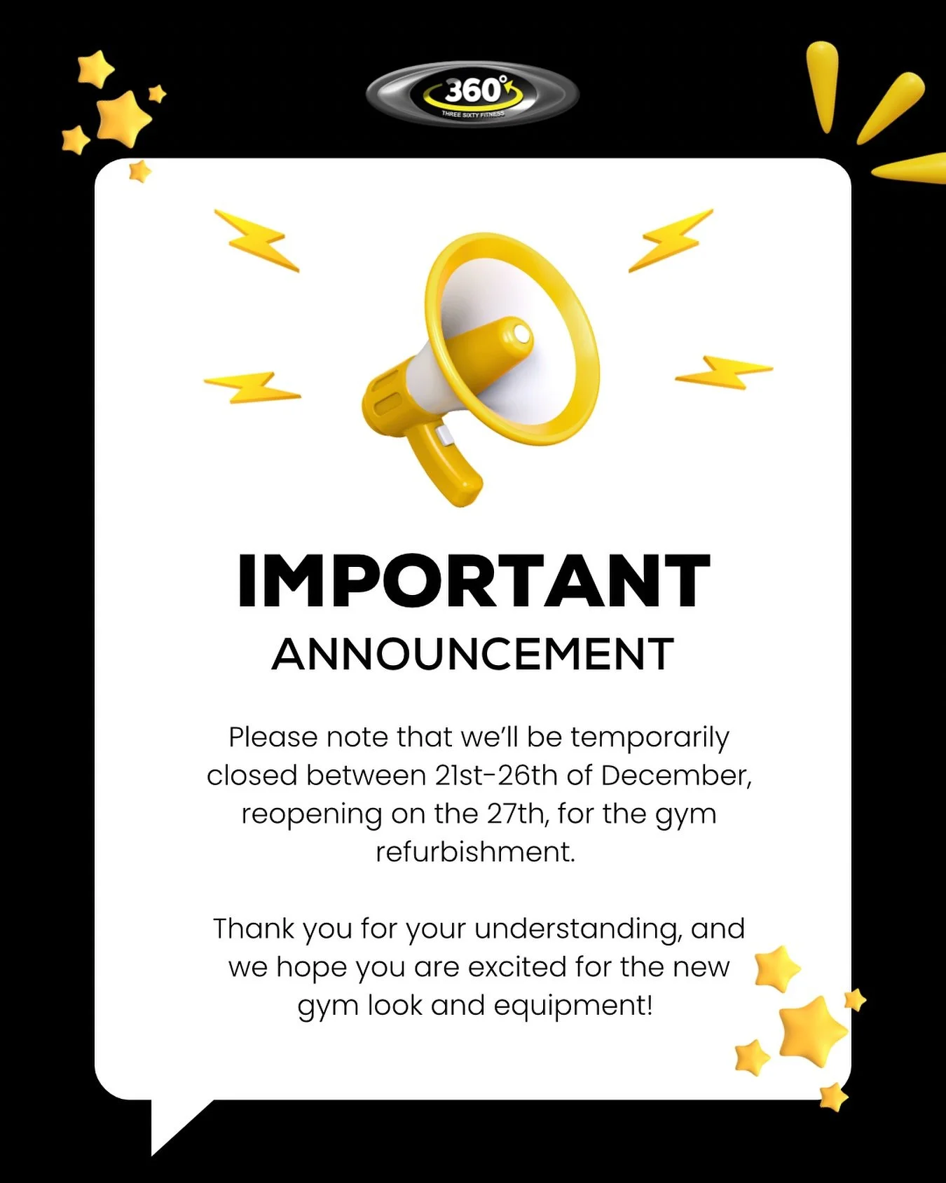 Heads up, team! 

We&rsquo;ll be closed from 21st-26th of December, reopening on the 27th, for our full refurbishment. 

We&rsquo;re making big improvements to give you the best possible training environment - new look, new kit, same amazing communit