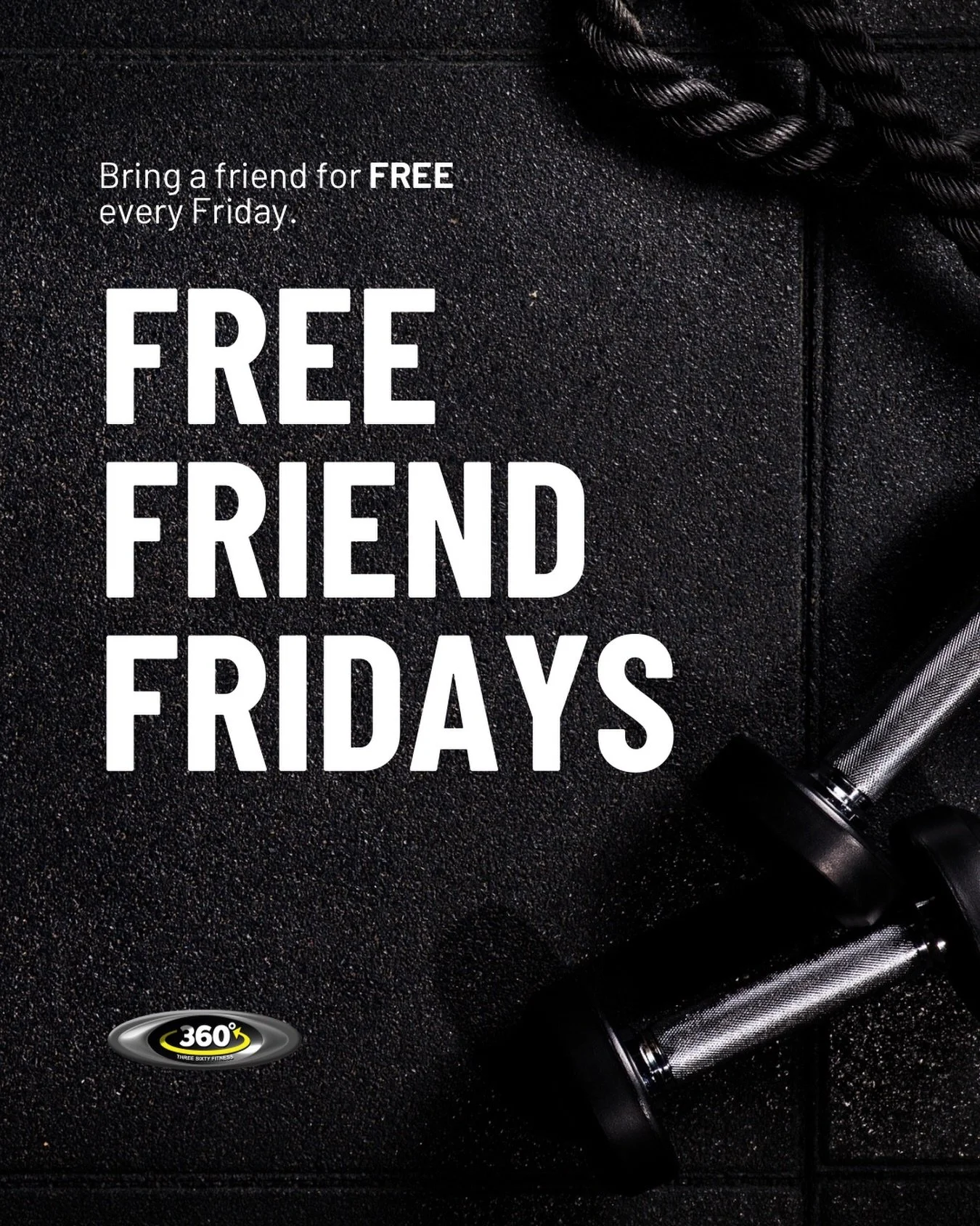 👯&zwj;♀️ Free Friend Fridays are still a thing!

Bring a friend to train with you for free every Friday.

Whether they want to try the gym for the first time, get a workout in with you, or see what Three Sixty Fitness is all about &mdash; Fridays ar