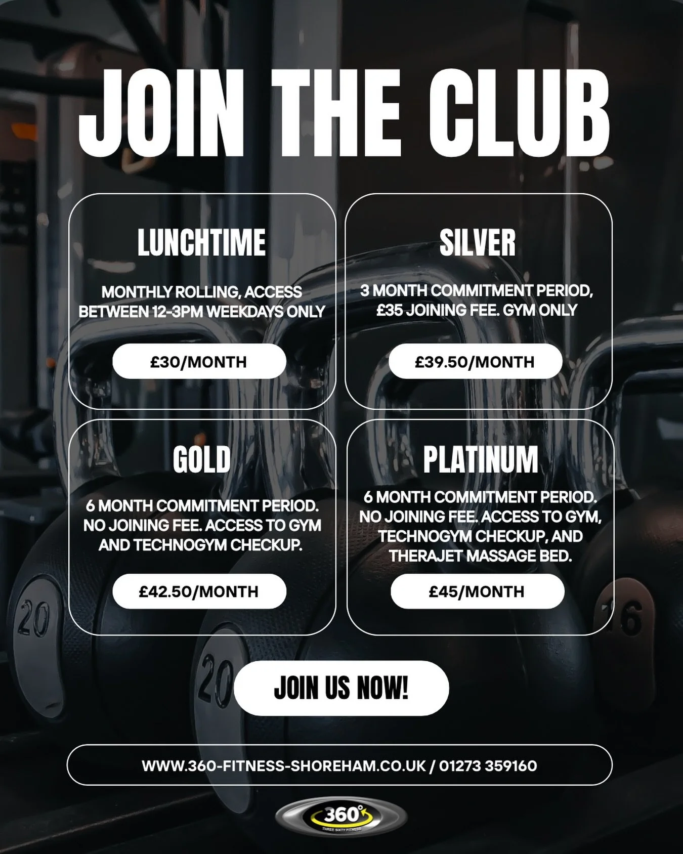 💪 Memberships at Three Sixty Fitness

We&rsquo;ve got flexible options to suit the way you train:

Silver &ndash; Full gym access plus Technogym CheckUp body assessment.

Gold &ndash; Gym access plus Technogym CheckUp body, strength and balance asse