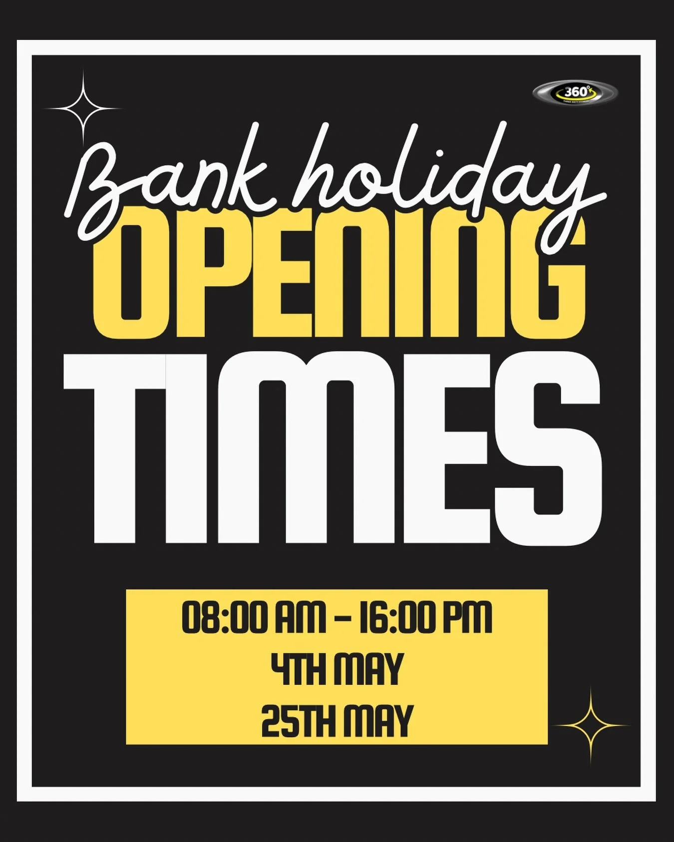 🕒 Bank Holiday Opening Hours 

We&rsquo;ll be open 8am&ndash;4pm on the upcoming May bank holidays:

📅 Monday 4th May 
📅 Monday 25th May 

Make sure to plan your sessions around these times and get your training in 💪