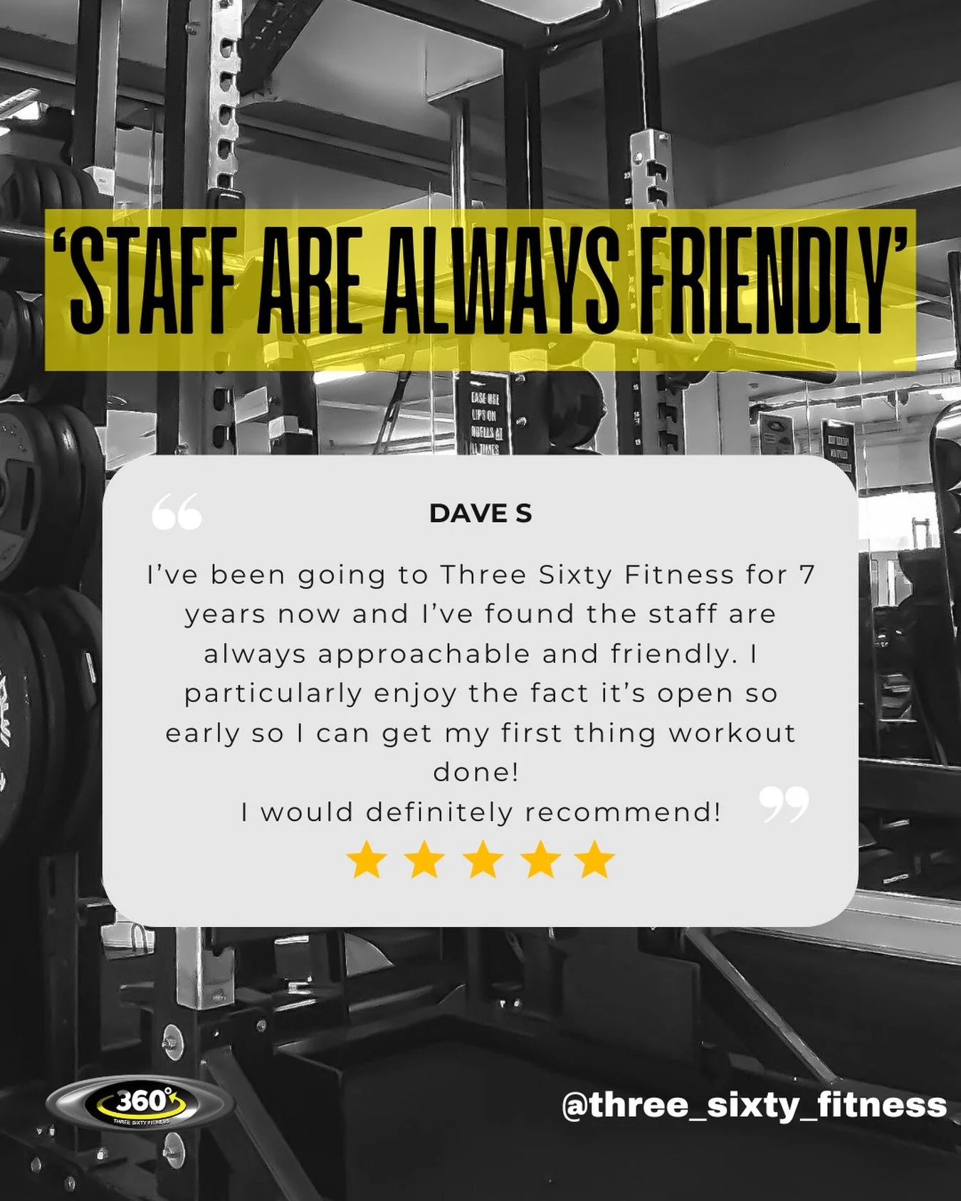 7 years and still going strong 💛

Dave S has been part of the Three Sixty family for 7 years, and we couldn&rsquo;t be prouder to have him.

Friendly faces, early starts, and a gym that feels like home. That&rsquo;s what we&rsquo;re all about.

If y
