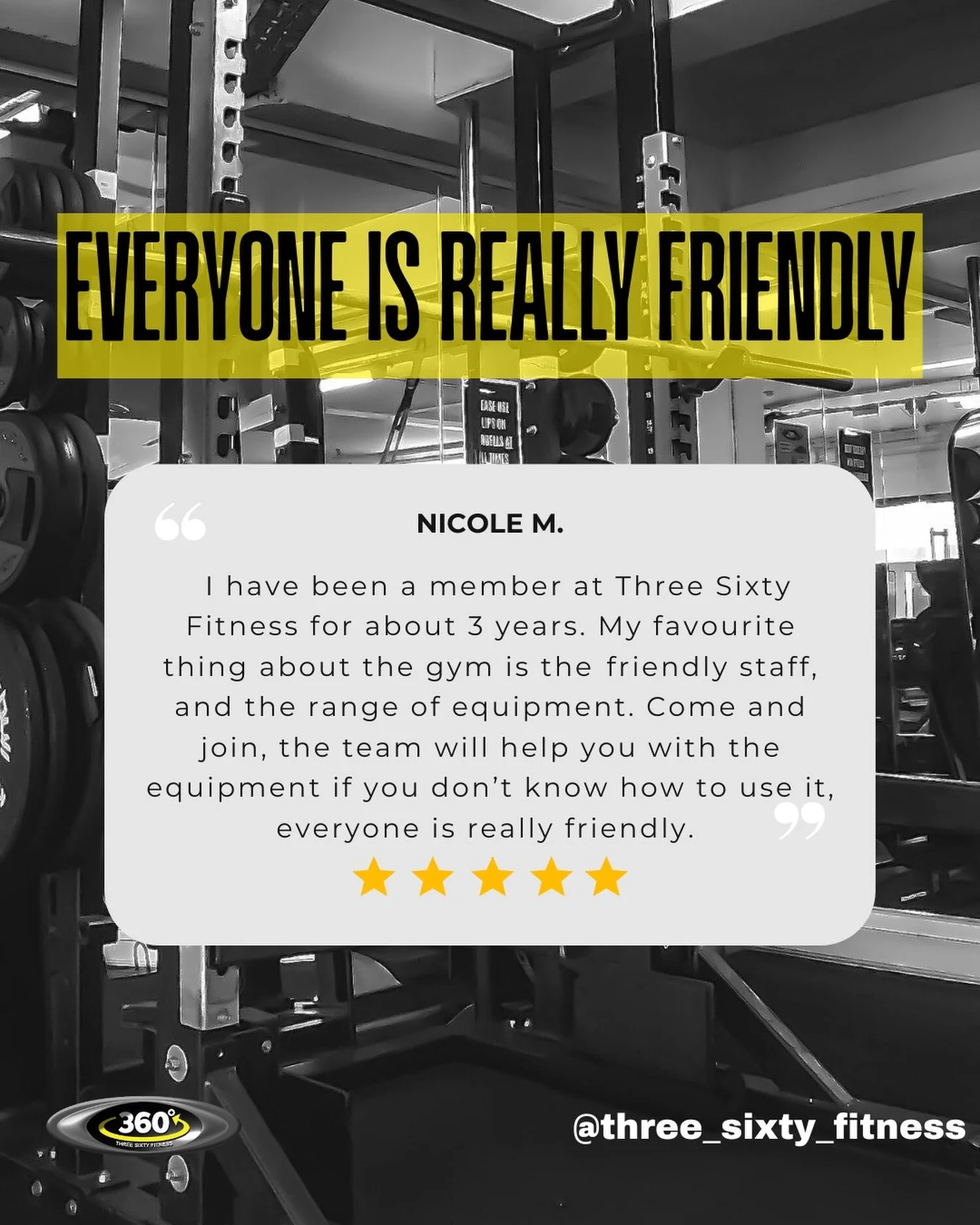 This is exactly the gym we set out to build 💛

Thank you Nicole, we&rsquo;re so glad to have you.
If you&rsquo;ve been thinking about joining, come and say hello. Everyone is welcome here 🙌

📍 Three Sixty Fitness, Shoreham-by-Sea