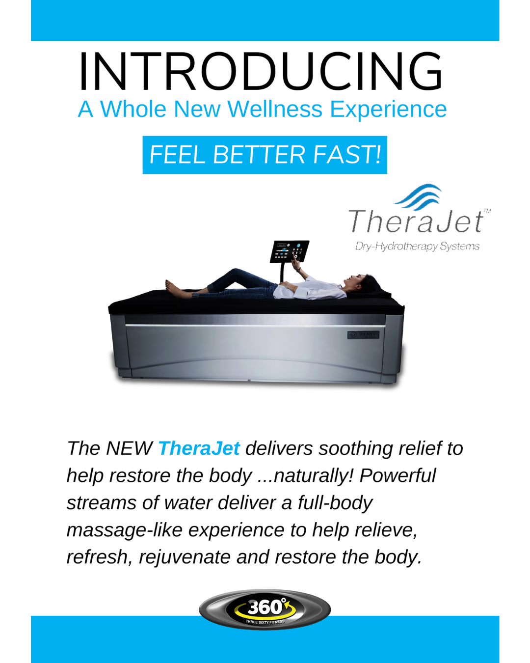 Advertisement for TheraJet dry-hydrotherapy system featuring a woman lying on the machine with a control panel, promoting a wellness experience to feel better fast.