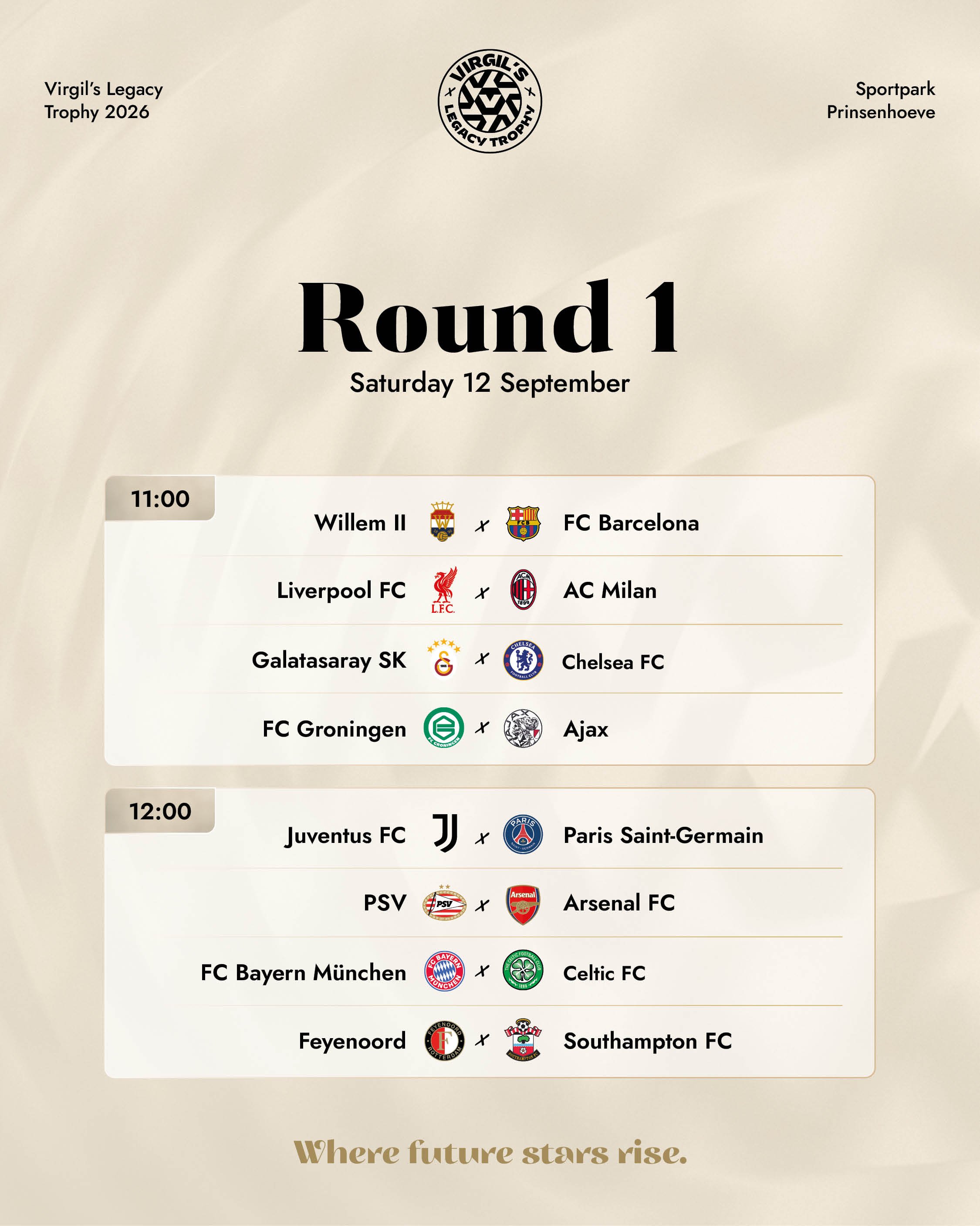 Match schedule graphic for Round 1 of the Virgil's Legacy Trophy 2026 at Sportpark Prinsenhoeve on Saturday, 12 September. At 11:00: Willem II vs FC Barcelona, Liverpool FC vs AC Milan, Galatasaray SK vs Chelsea FC, and FC Groningen vs Ajax. At 12:00