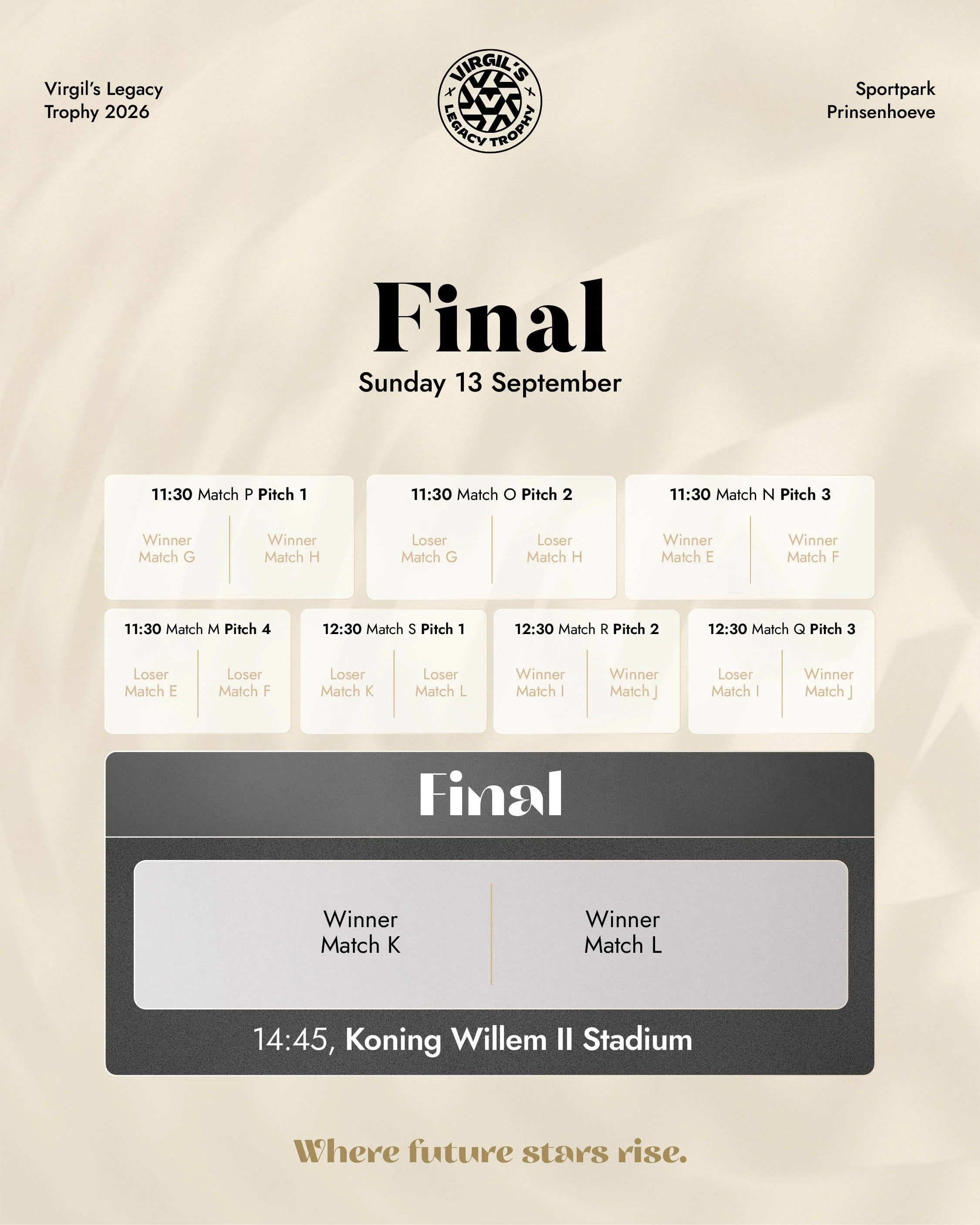 Schedule graphic for final placement matches on Sunday, 13 September. Matches at 11:30 include Match P (Pitch 1: Winner Match G vs Winner Match H), Match O (Pitch 2: Loser Match G vs Loser Match H), Match N (Pitch 3: Winner Match E vs Winner Match F)