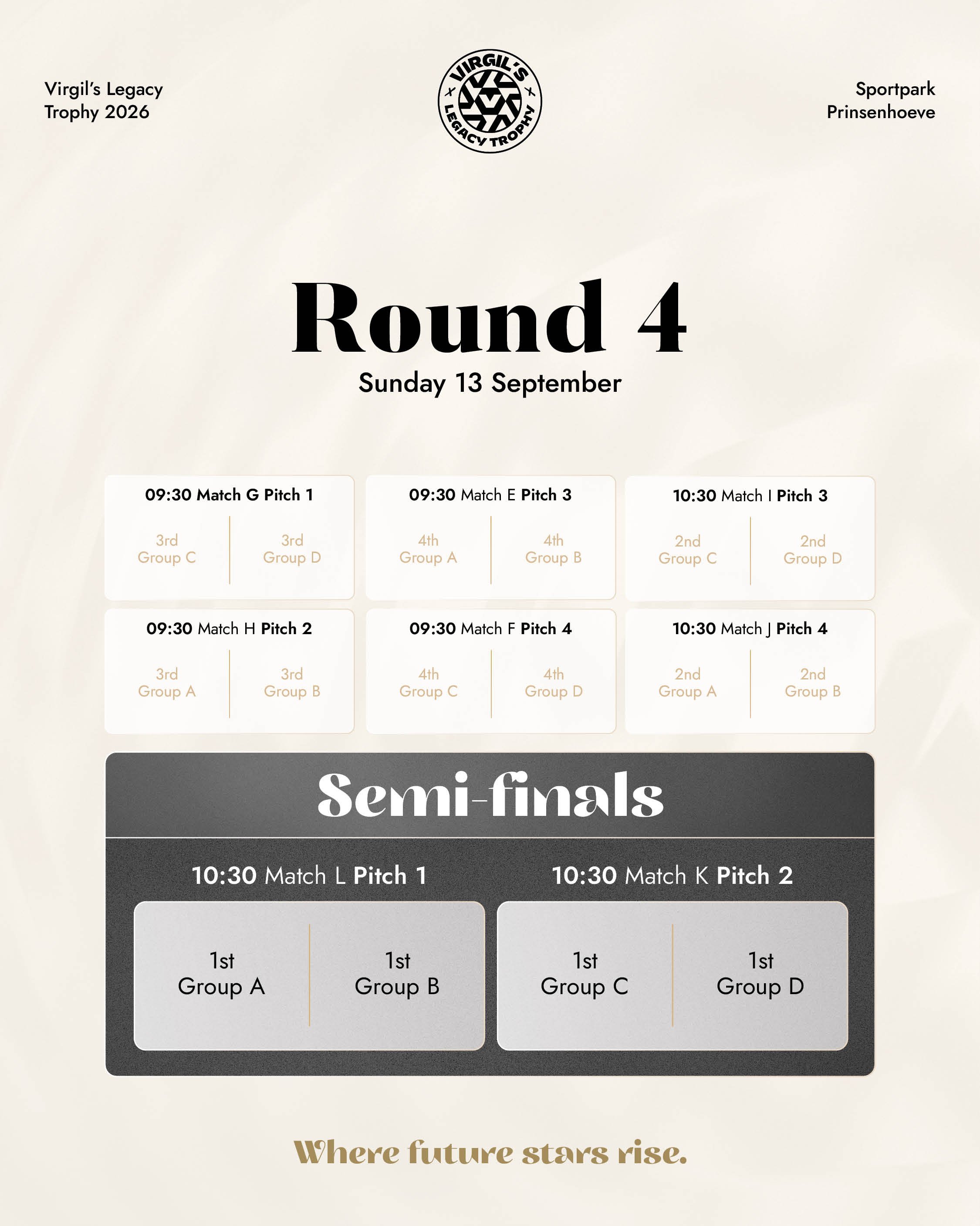 Schedule graphic for Round 4 and Semi-finals on Sunday, 13 September, at Sportpark Prinsenhoeve. At 09:30: Match G (Pitch 1: 3rd Group C vs 3rd Group D), Match E (Pitch 3: 4th Group A vs 4th Group B), Match H (Pitch 2: 3rd Group A vs 3rd Group B), an