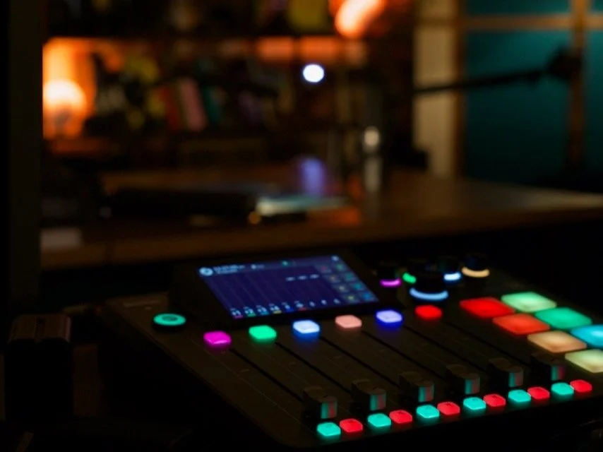 a rodecaster pro II mixer with lights and a bookshelf in the background