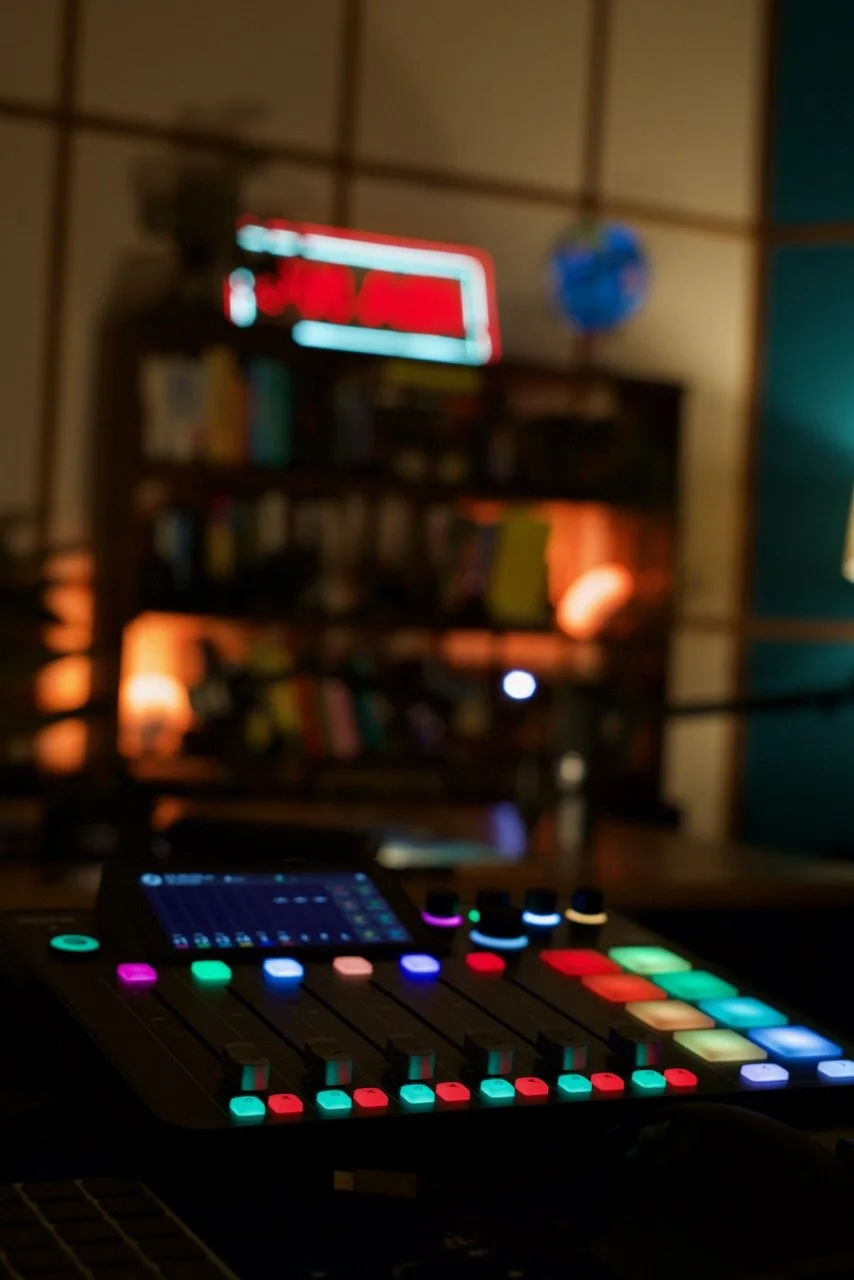 A music production setup with a digital audio workstation controller with colorful illuminated pads and knobs, in a dimly lit room with bookshelves, a neon sign, and a globe in the background.