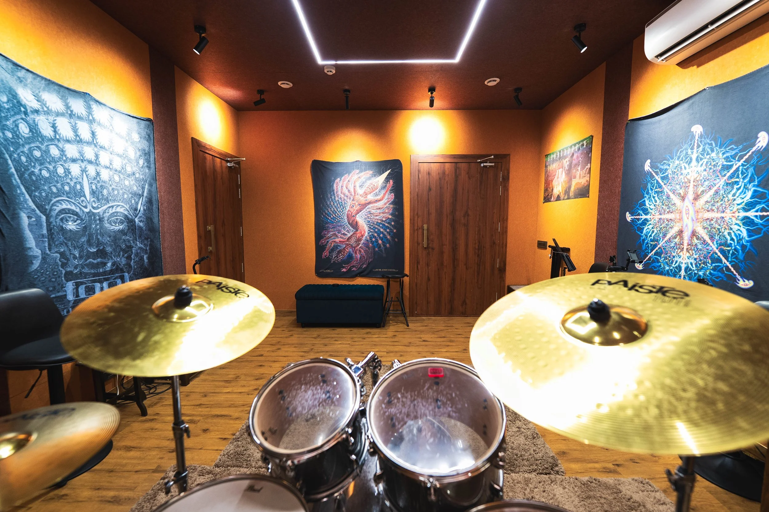 View from a drum kit looking towards a room with colorful artwork on the walls, including a phoenix and a neural network, and wooden doors, with percussion instruments and drums in the foreground.