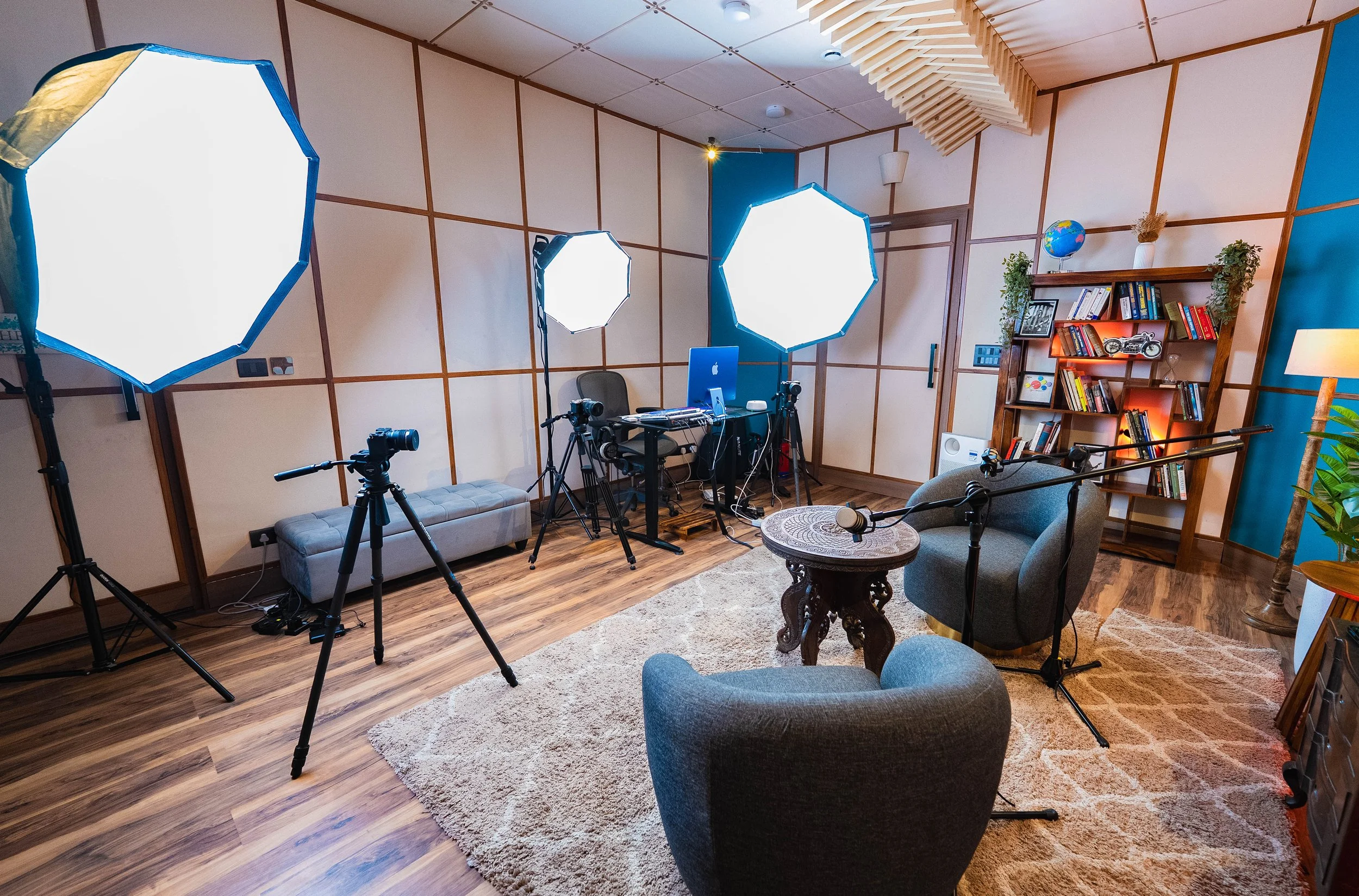 Podcast Studio with lighting equipment, camera, and workspace, featuring a bookshelf, plants, and a rug.