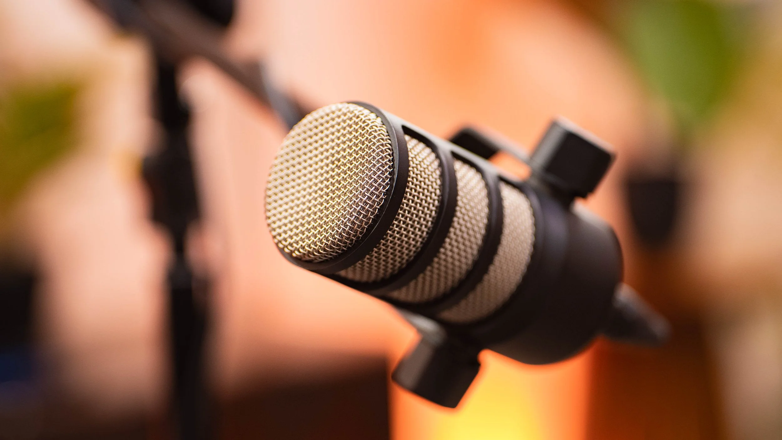 one microphones close up with the background blurred