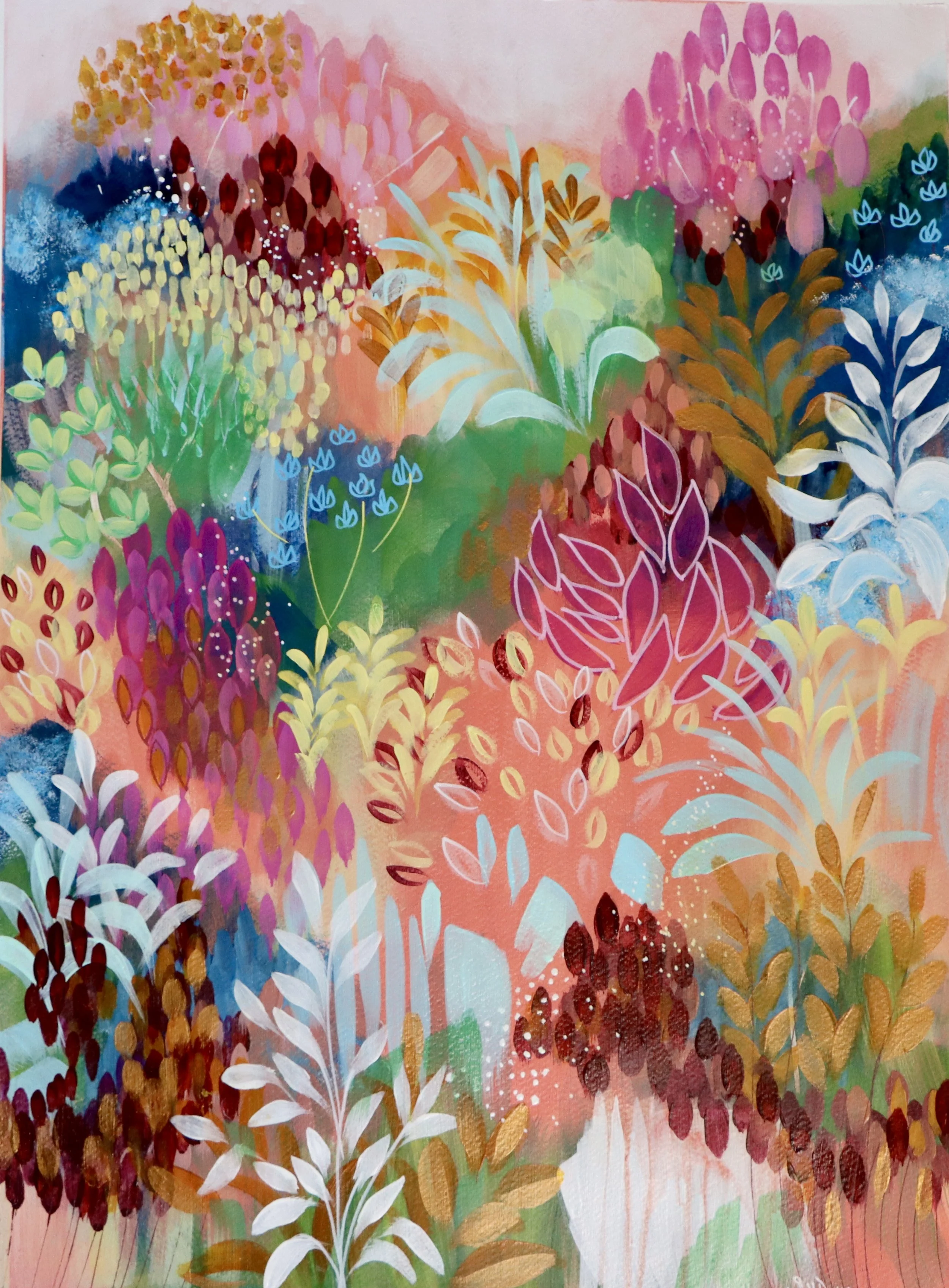 Colorful abstract floral painting with various leaves and flower shapes in pink, red, yellow, blue, green, and white, with a vibrant background and subtle drip effects.