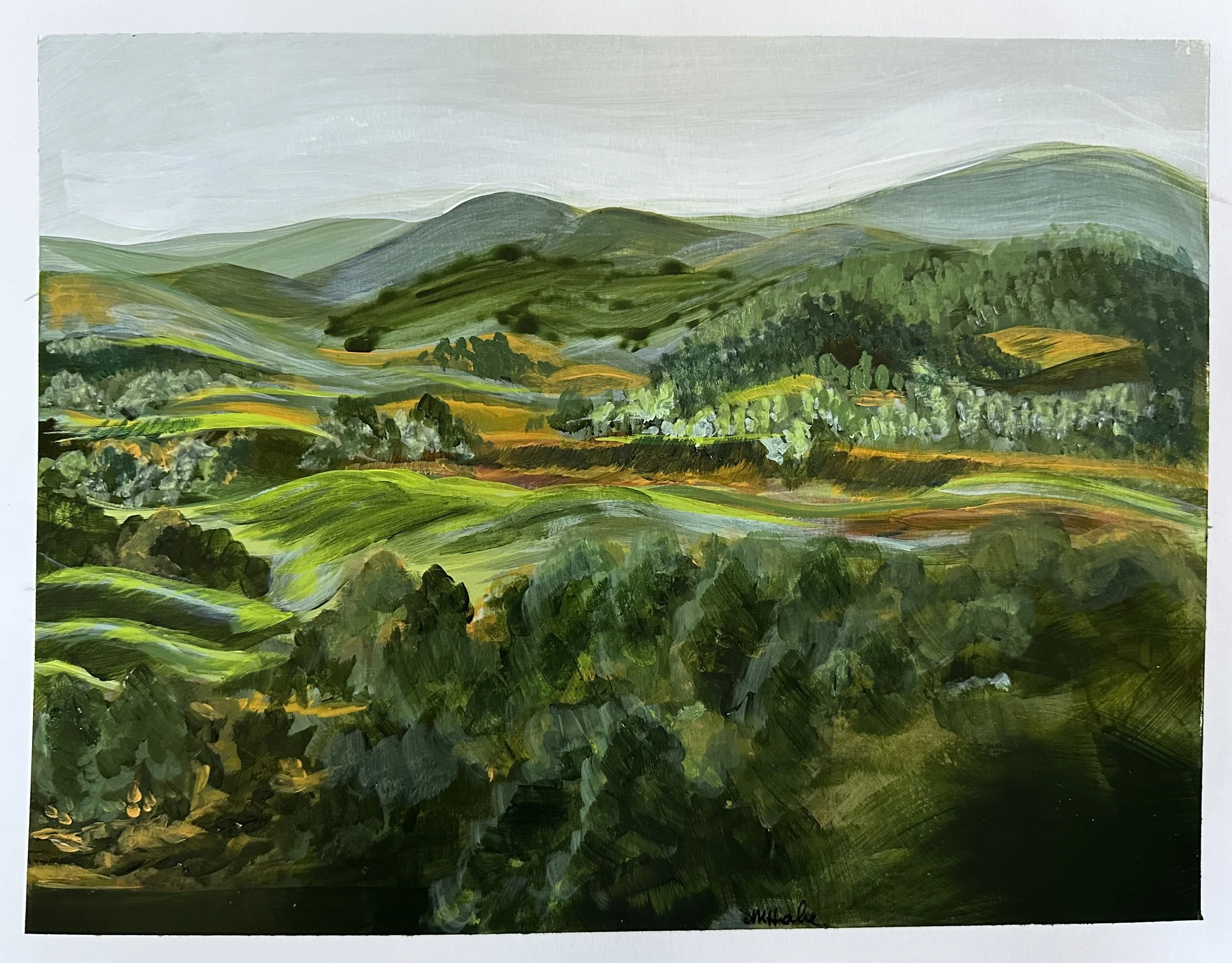 Landscape painting of rolling green hills with a cloudy sky in the background.
