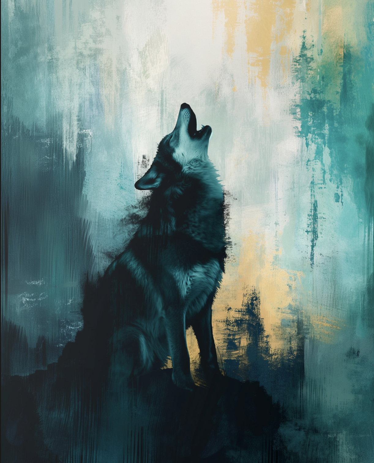 Digital artwork of a howling wolf silhouette against an abstract blue, teal, and yellow background.
