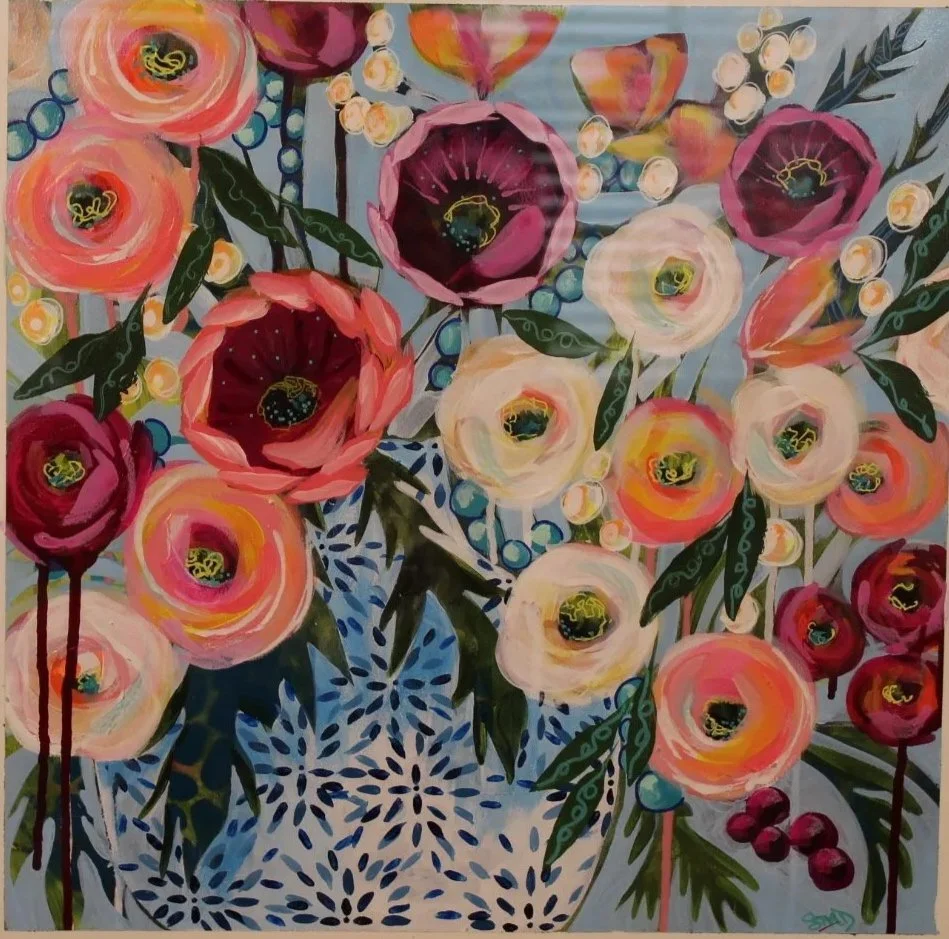 A colorful painting of a bouquet of various flowers in a blue and white patterned vase, featuring pink, red, white, and dark purple blooms with green leaves and small white berries, on a light background.