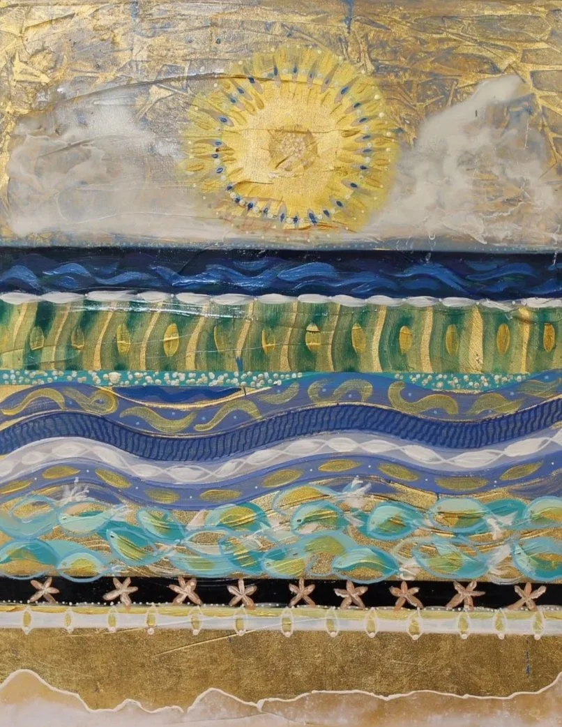 A colorful abstract painting with multiple horizontal layers of wavy patterns in gold, blue, green, and white, featuring a sun-like design with radiating lines in the center.