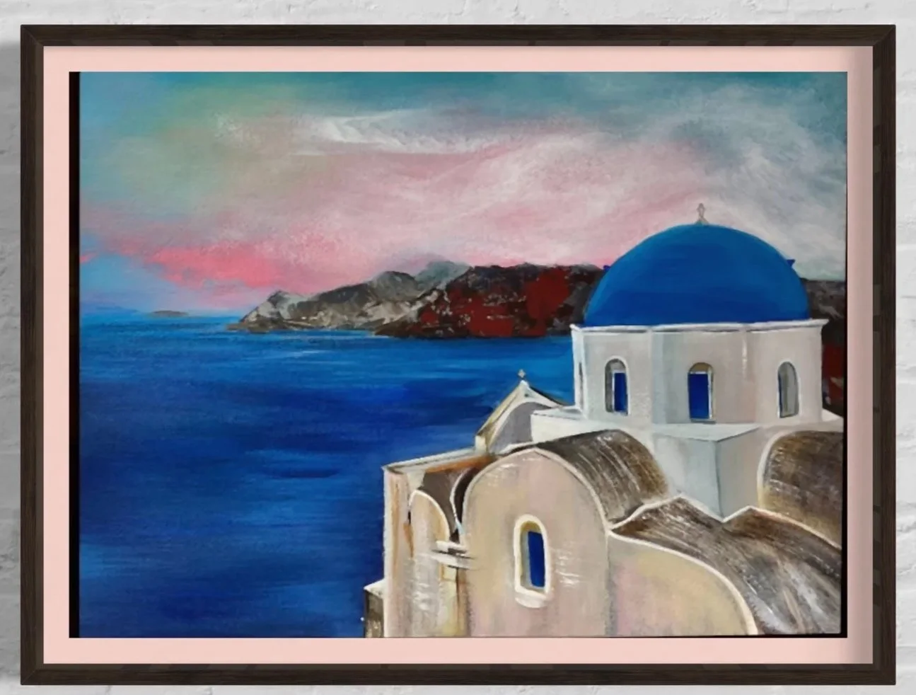 Painting of a white building with a blue domed roof overlooking a blue sea with land and mountains in the background under a colorful sky.