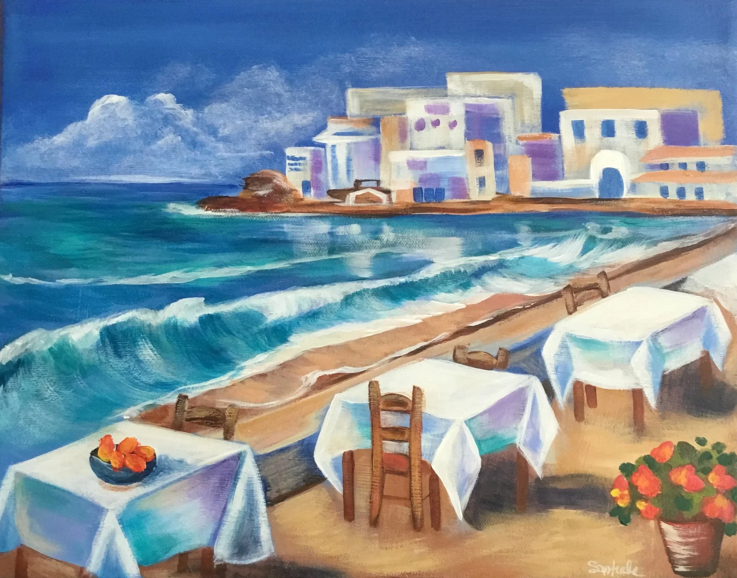 A colorful painting depicting a seaside restaurant or cafe with white tables and chairs, some with umbrellas, and a view of the ocean with a few clouds in the sky.