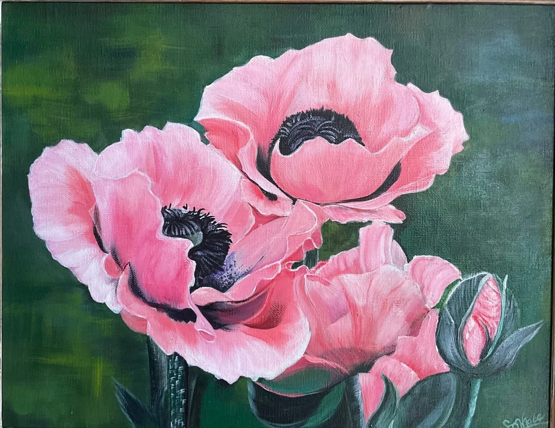 A painting of pink peonies in a black vase on a green background.