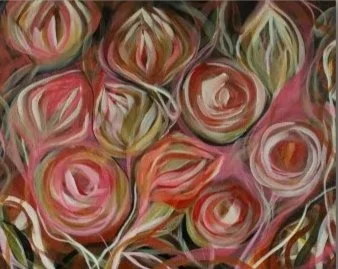 Abstract painting of pink and red roses with green and brown leaves.