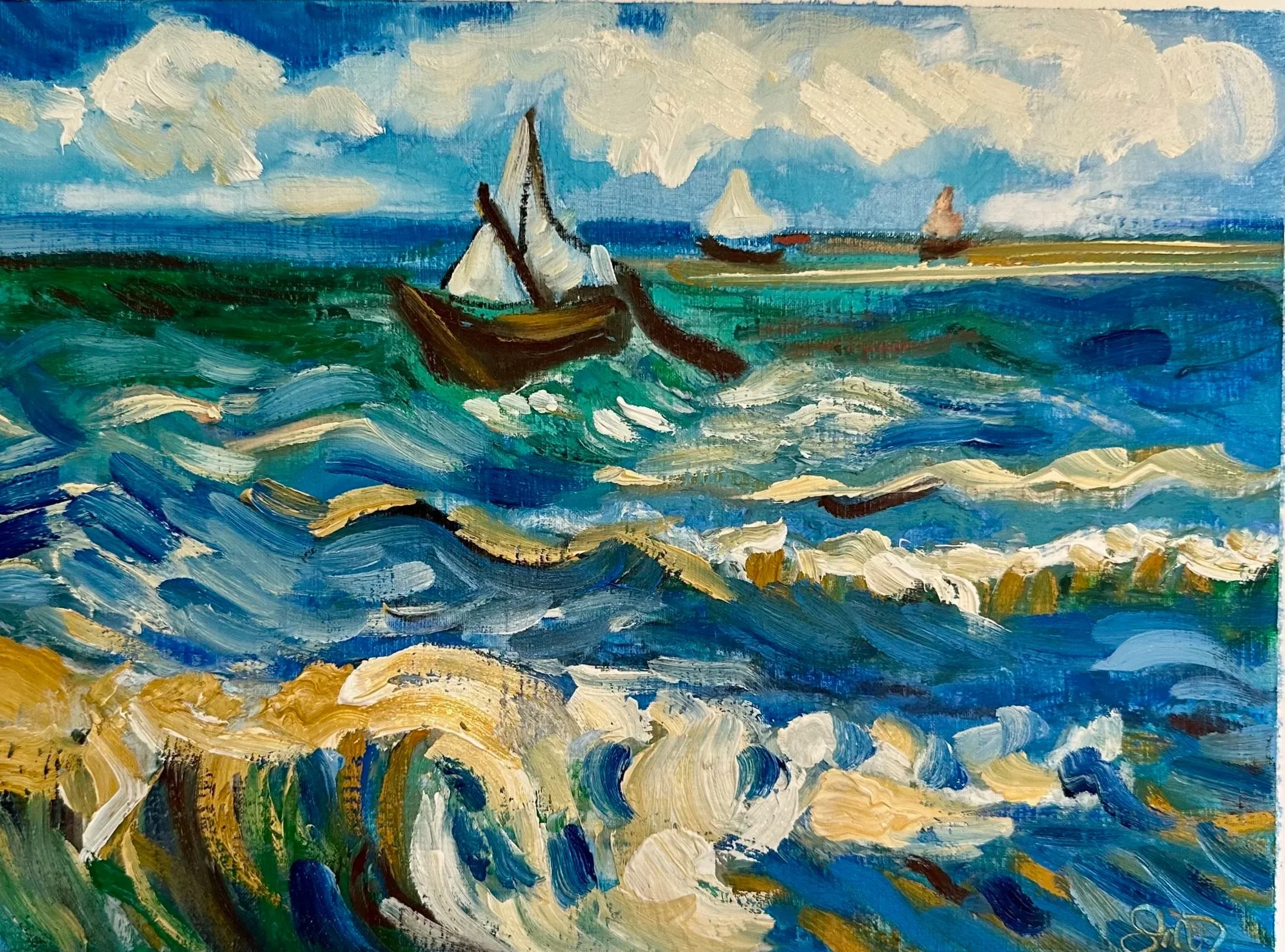 An oil painting of a seascape with blue skies, white clouds, and choppy ocean waves, featuring sailboats and a sandy shore in the background.