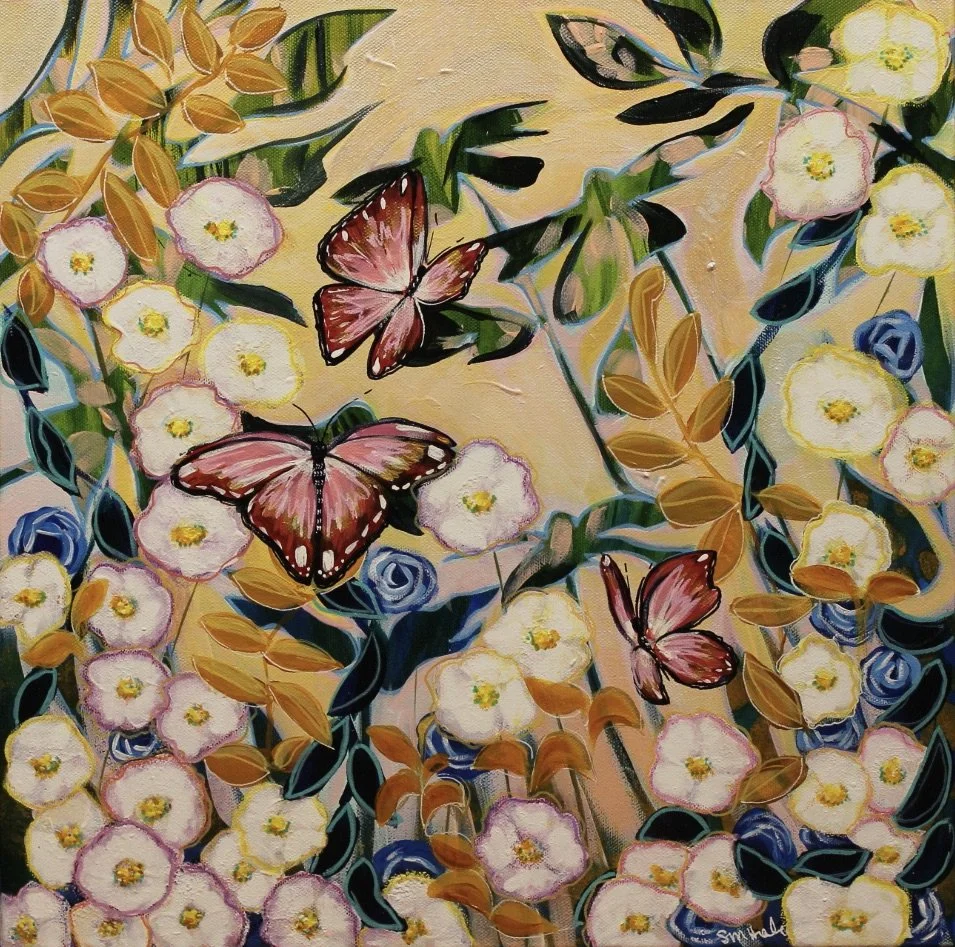 A colorful painting of pink butterflies flying among white and yellow flowers with blue roses and green and brown leaves.
