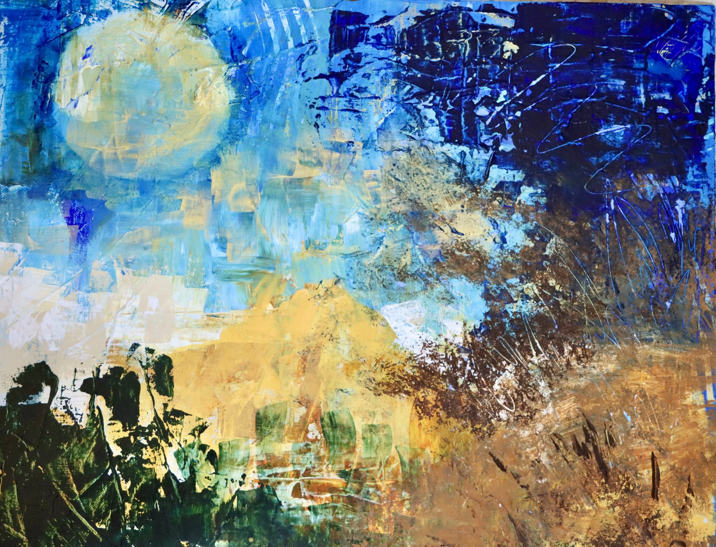 Abstract painting with vibrant colors, including shades of blue, yellow, brown, and black, featuring splashes and brushstrokes.