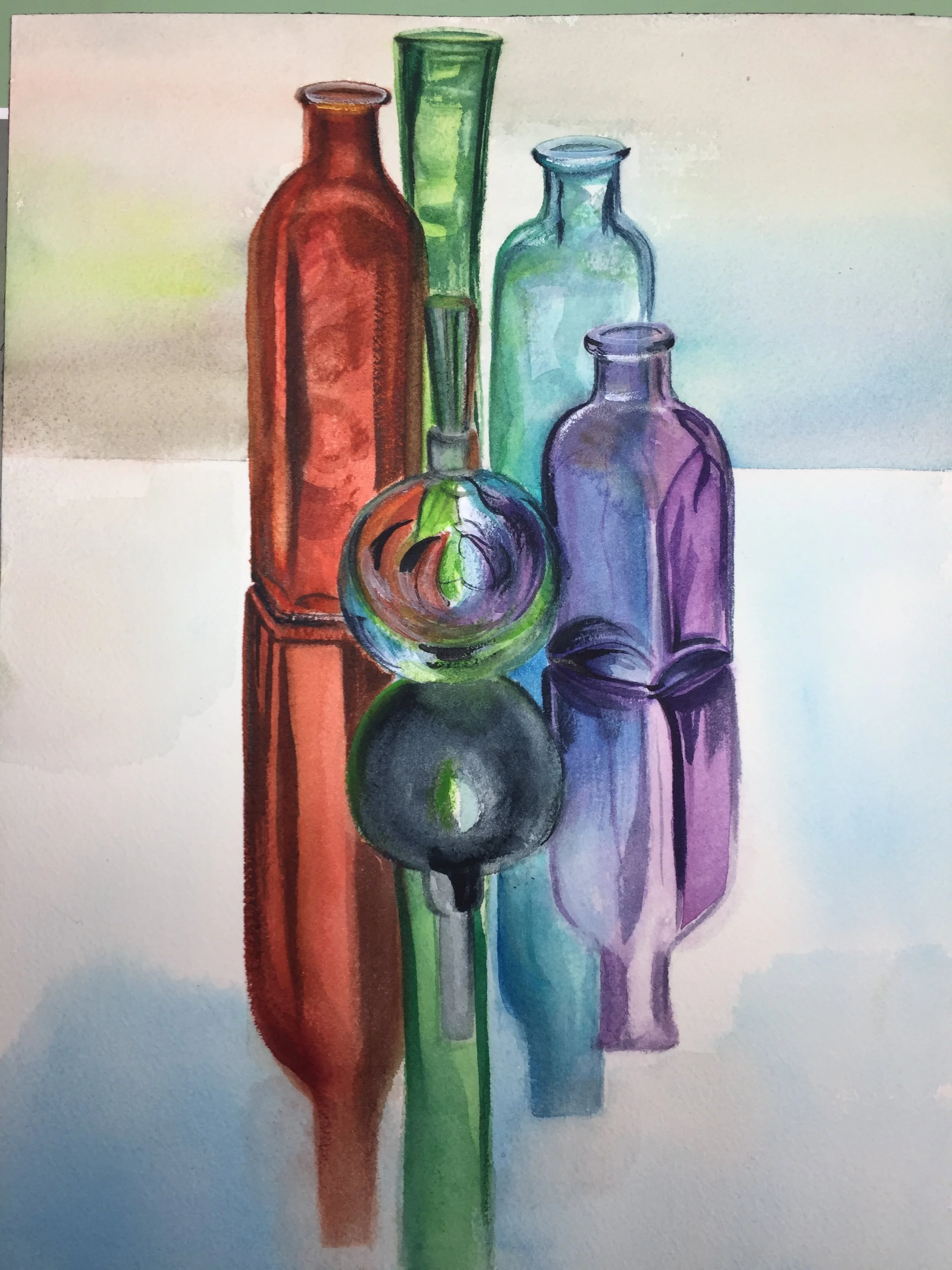 A still-life watercolor painting featuring five colorful glass bottles and a round glass object on a plain background.